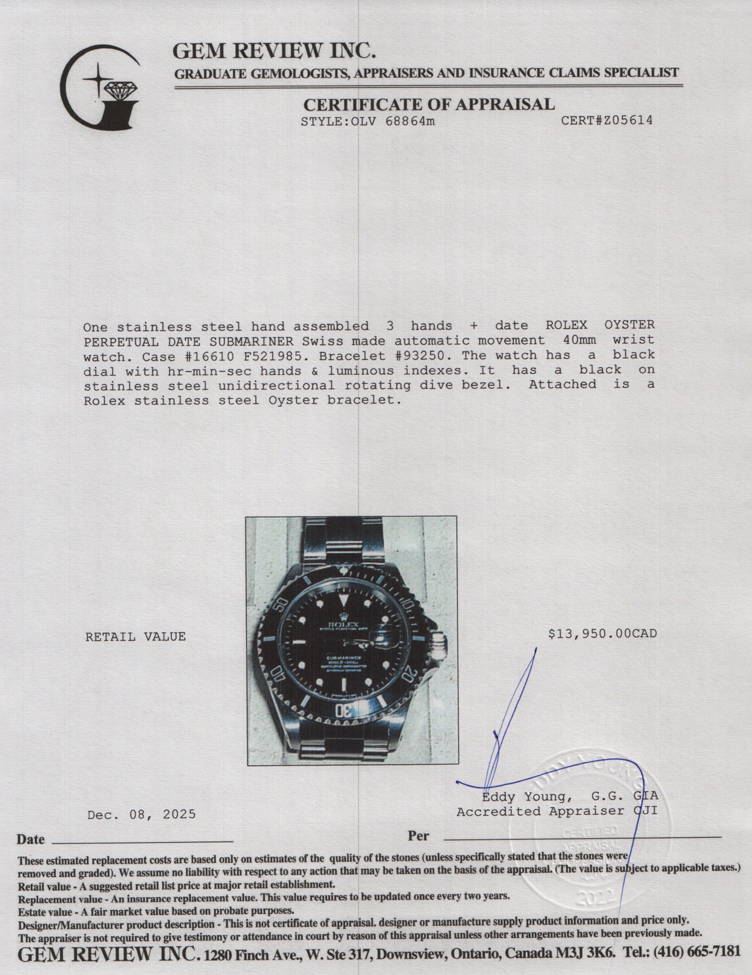 Rolex Stainless Steel Submariner Date 40 MM Watch Black Dial 16610 w/ Box & Papers