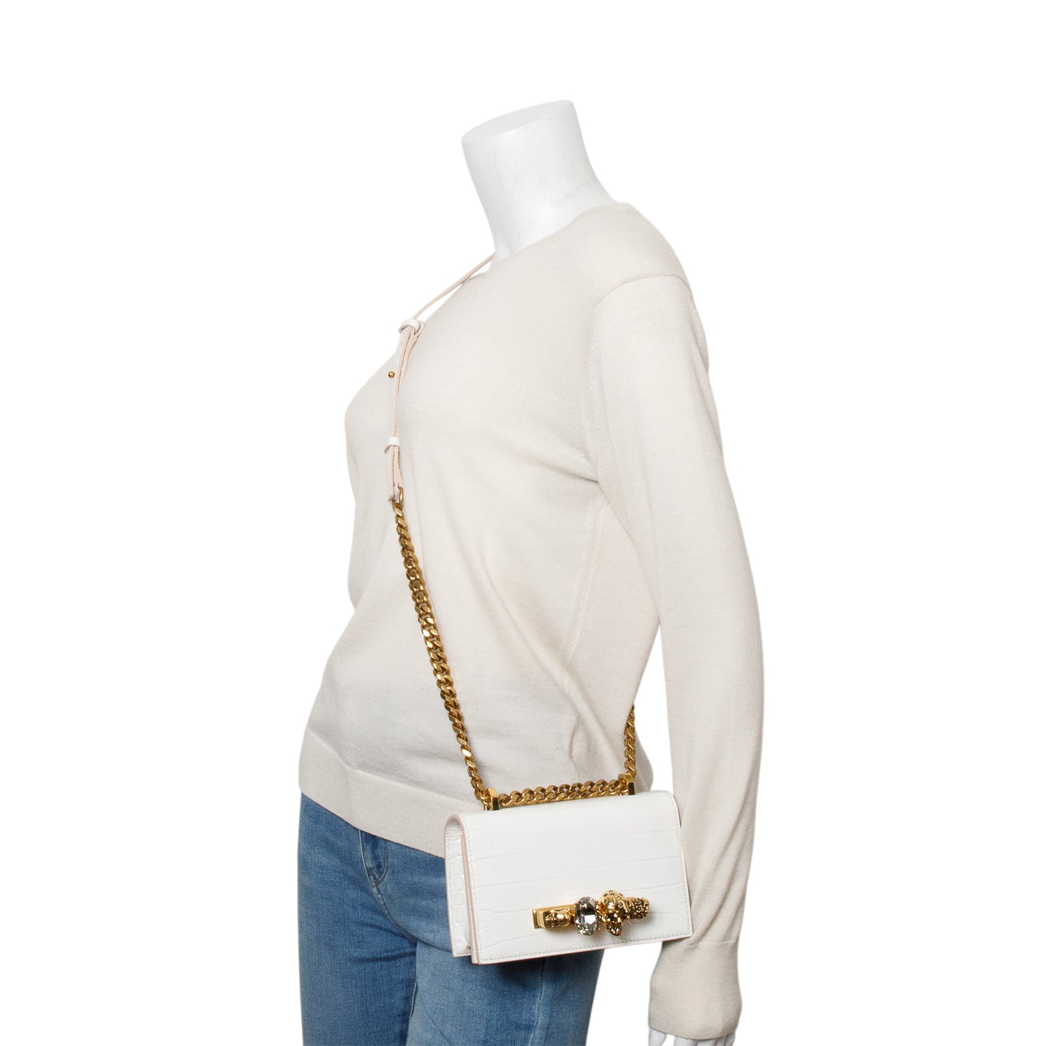 Alexander McQueen White Calfskin Shiny Croc Embossed Mini Jeweled Satchel