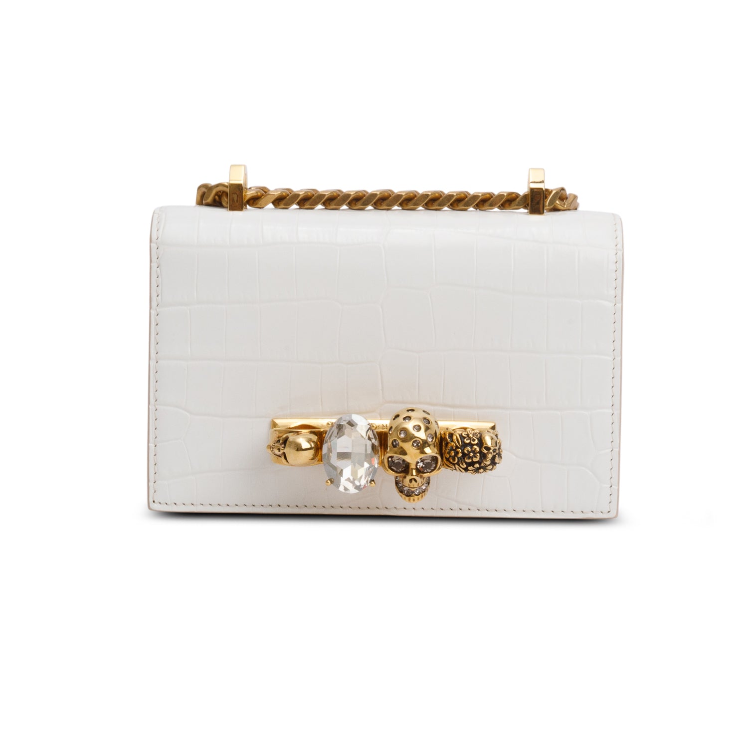 Alexander McQueen White Calfskin Shiny Croc Embossed Mini Jeweled Satchel
