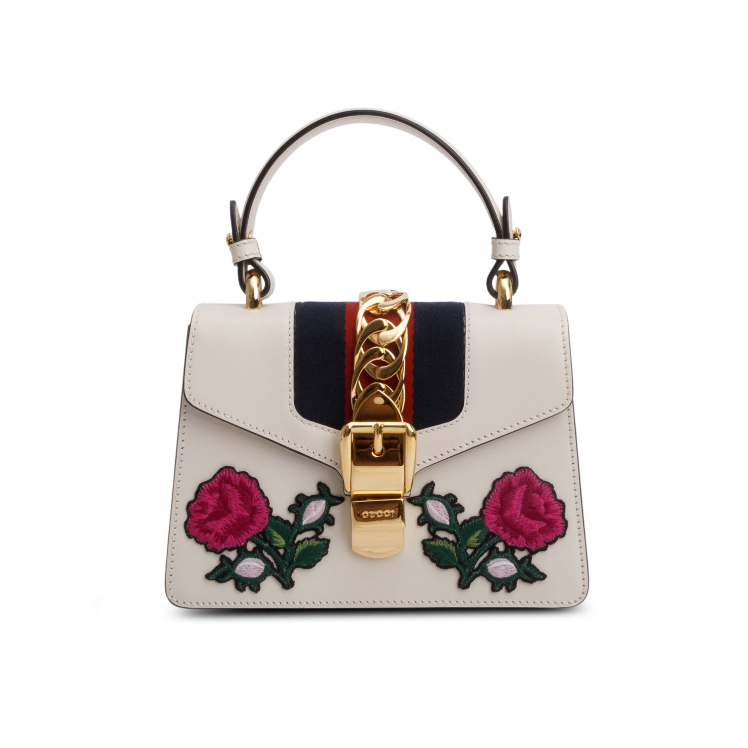 Gucci White Calfskin Embroidered Mini Sylvie Top Handle Bag w/ Strap