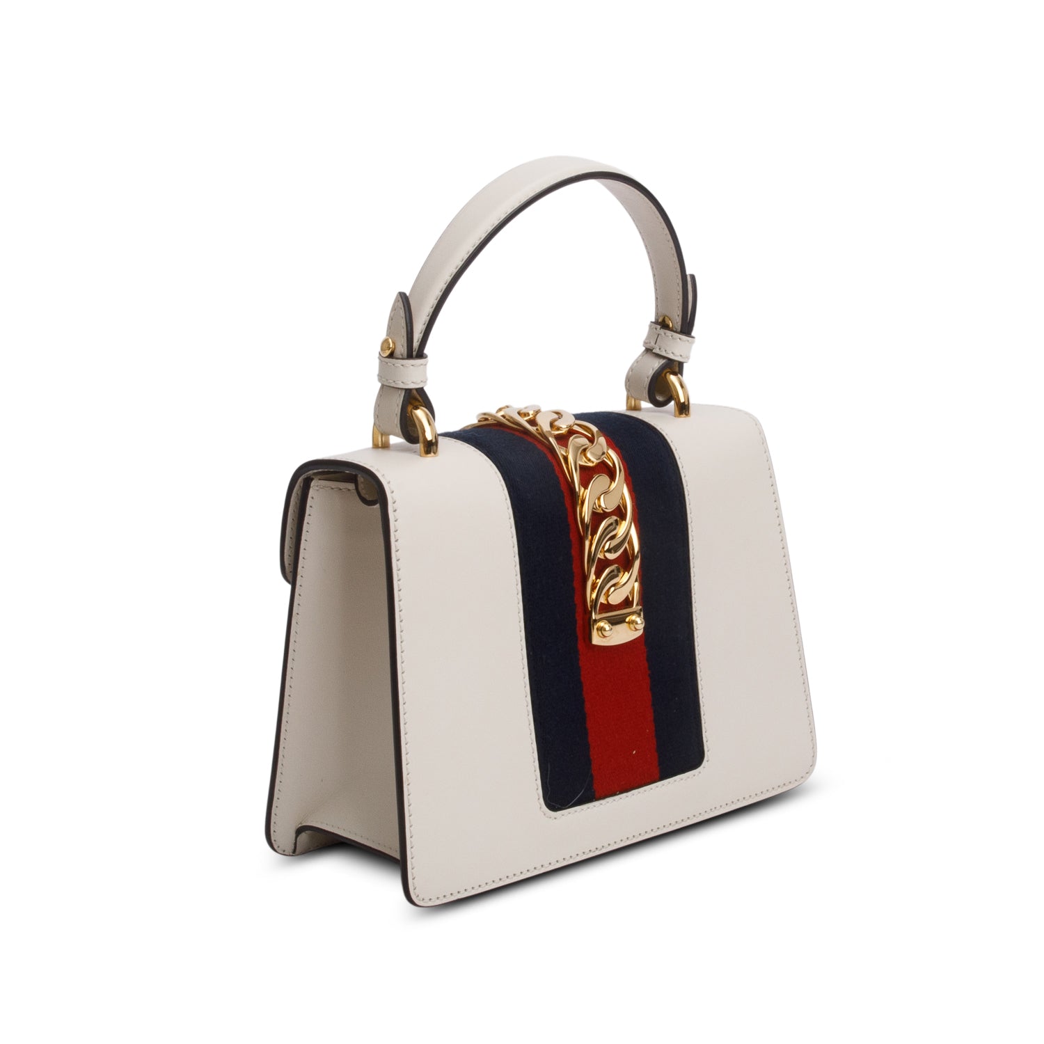 Gucci White Calfskin Embroidered Mini Sylvie Top Handle Bag w/ Strap