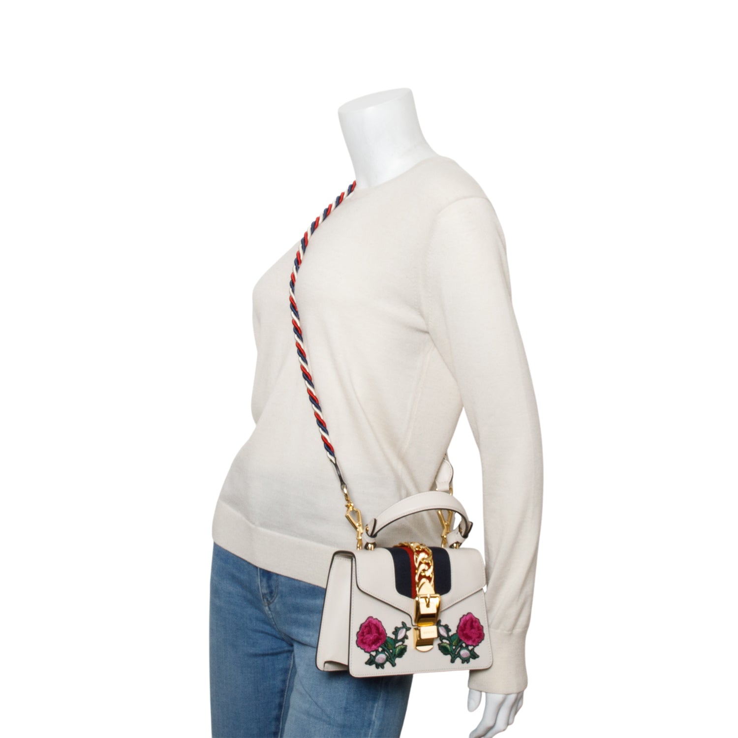 Gucci White Calfskin Embroidered Mini Sylvie Top Handle Bag w/ Strap