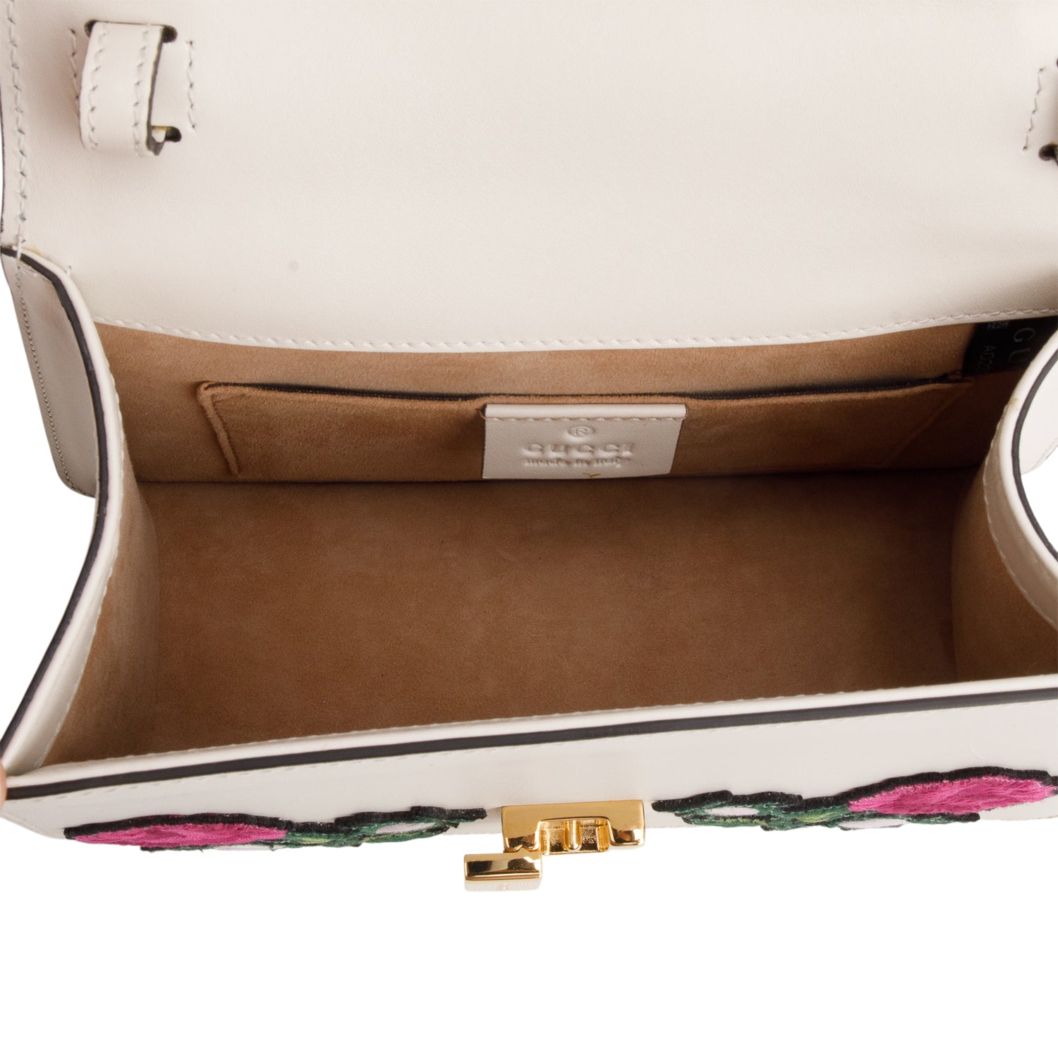 Gucci White Calfskin Embroidered Mini Sylvie Top Handle Bag w/ Strap