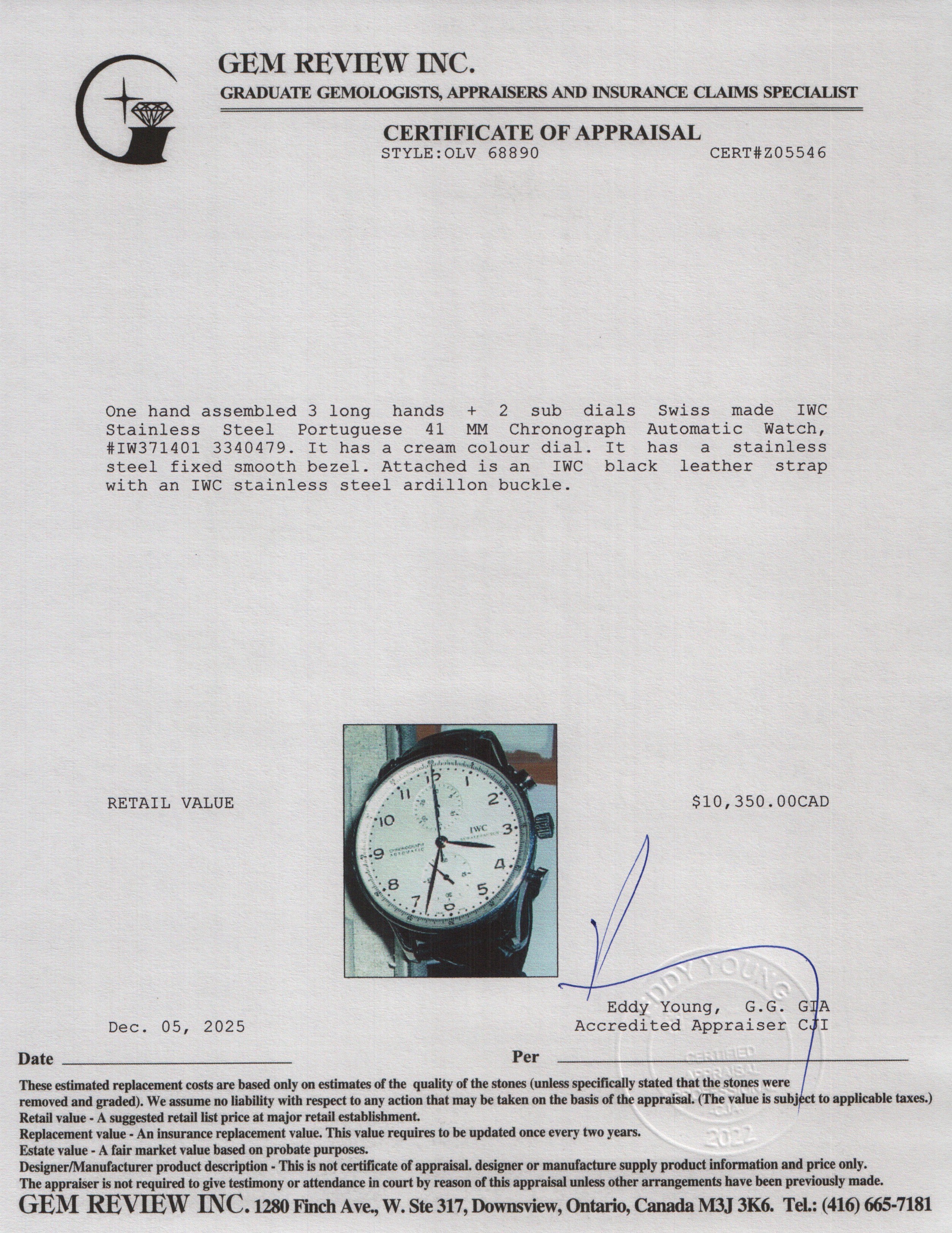 IWC Stainless Steel Portuguese 41 MM Chronograph Automatic Watch IW371401 w/ Papers