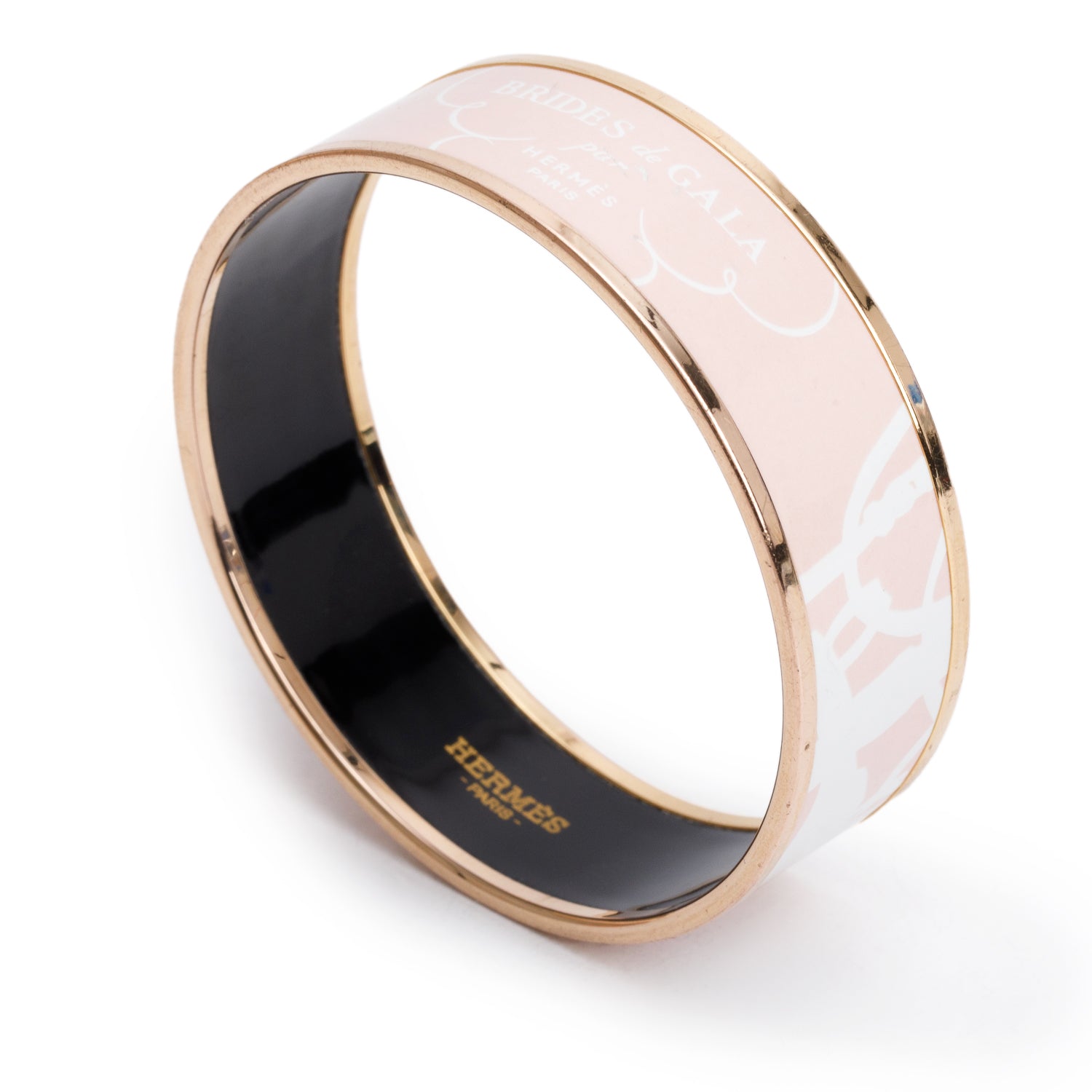 Hermes Gold-Plated Pink 'Brides de Gala' Enamel Wide Bangle w/ Box