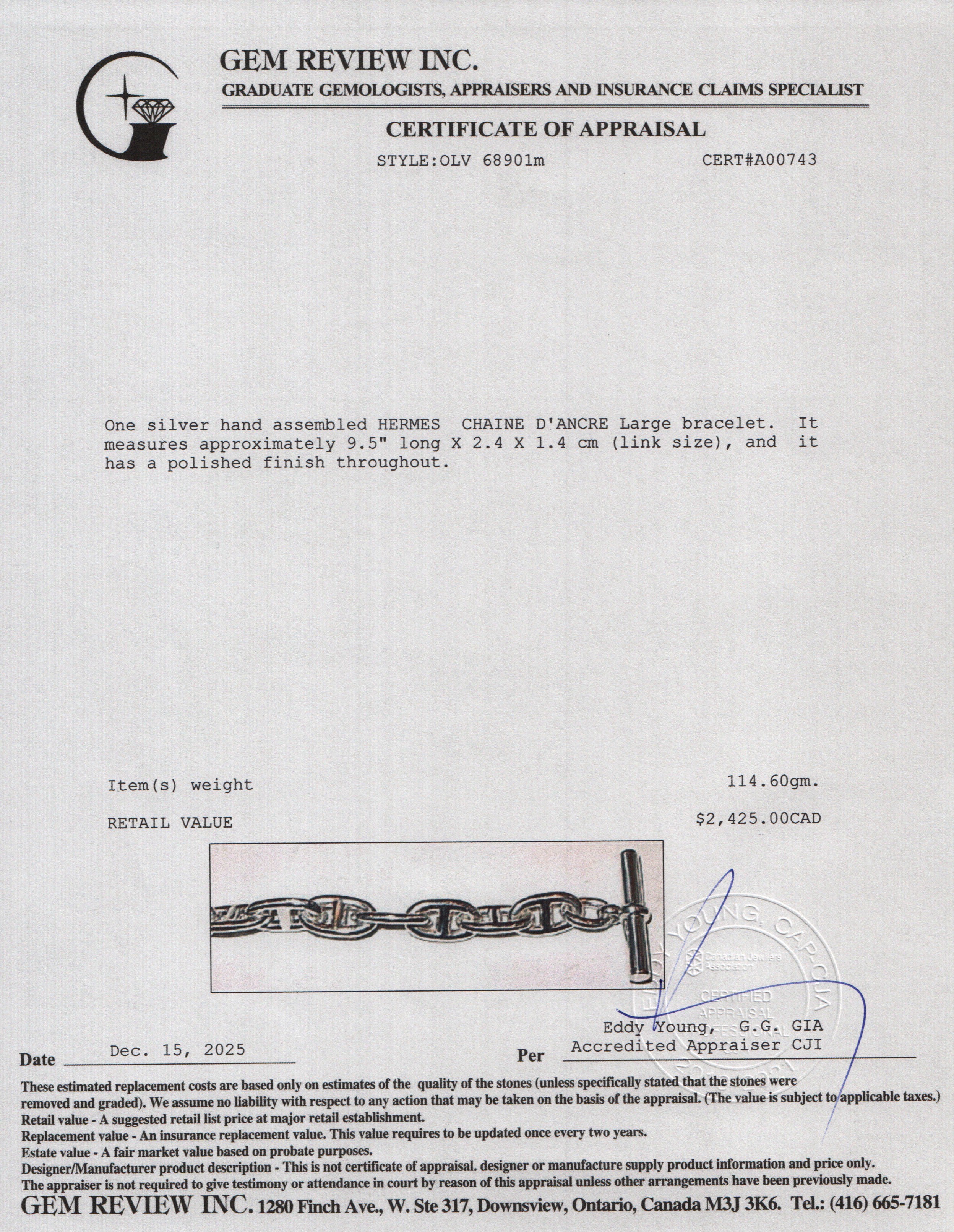 Hermes Sterling Silver Chaine D'Ancre Bracelet, Very Large Model