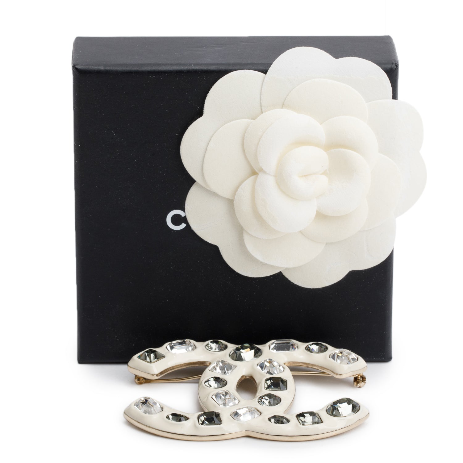 Chanel Gold Plated White Resin Strass CC Brooch w/ Box