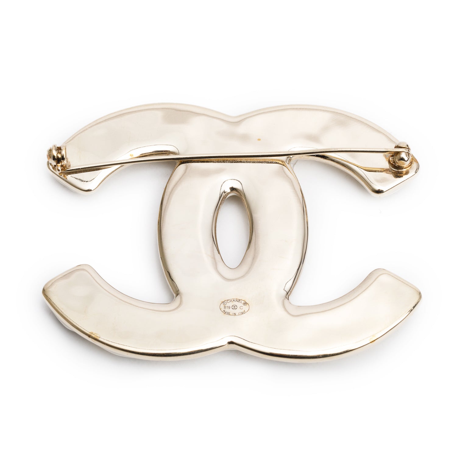 Chanel Gold Plated White Resin Strass CC Brooch w/ Box