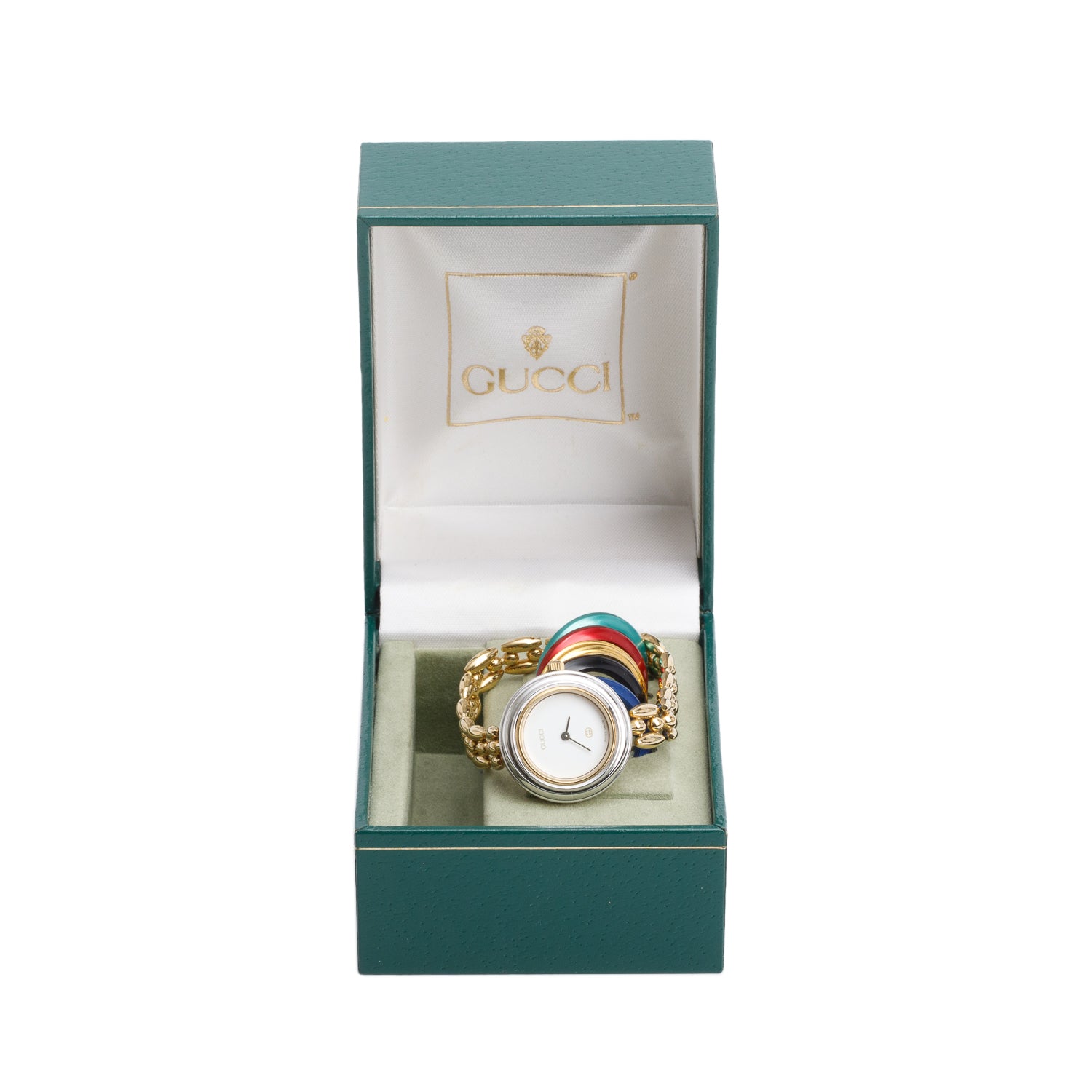 Gucci Gold Plated Stainless Steel 1100 Series 26 MM Watch w/ 5 Multicolour Bezels