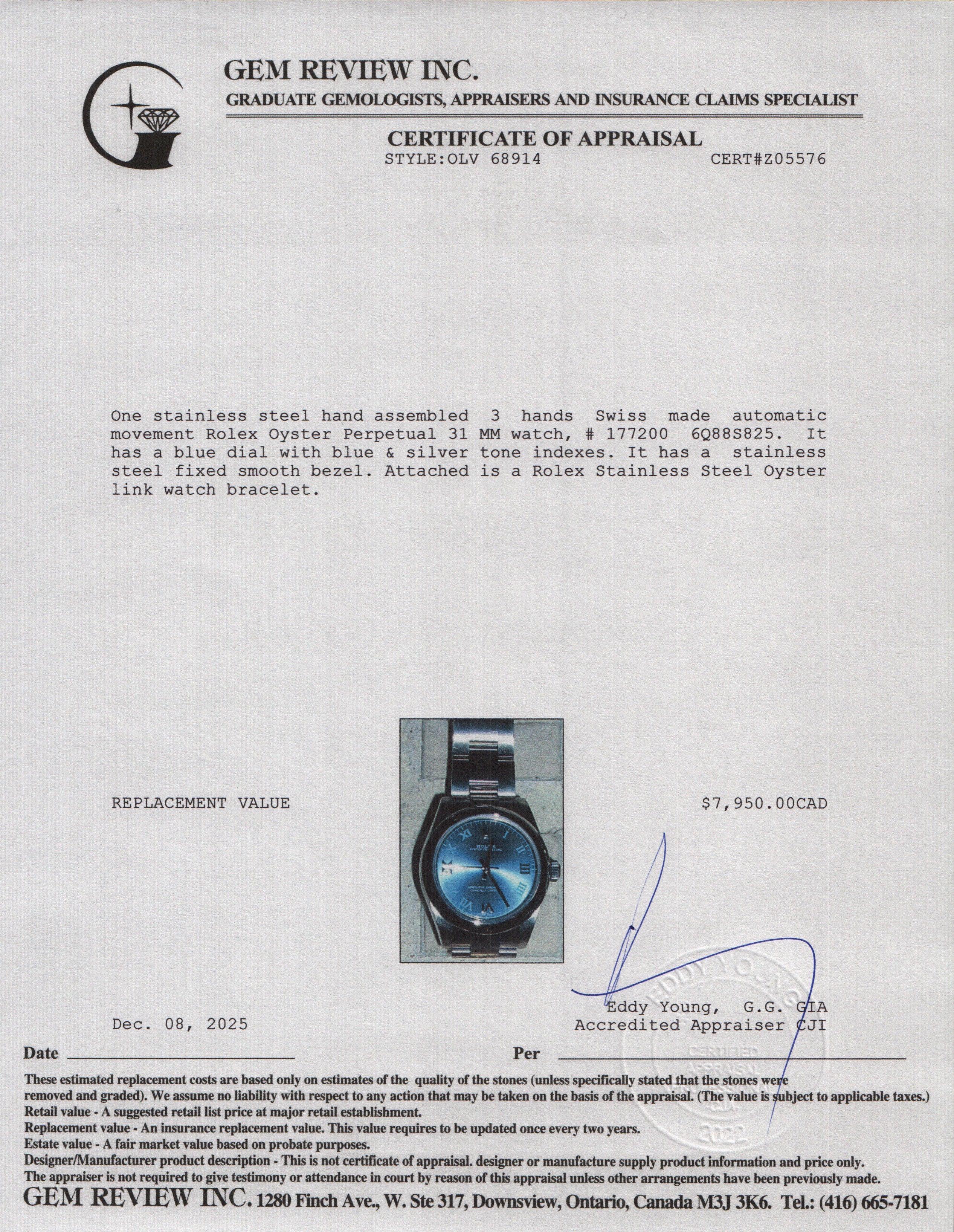 Rolex Stainless Steel Oyster Perpetual 31 MM Automatic Watch Blue Dial 177200