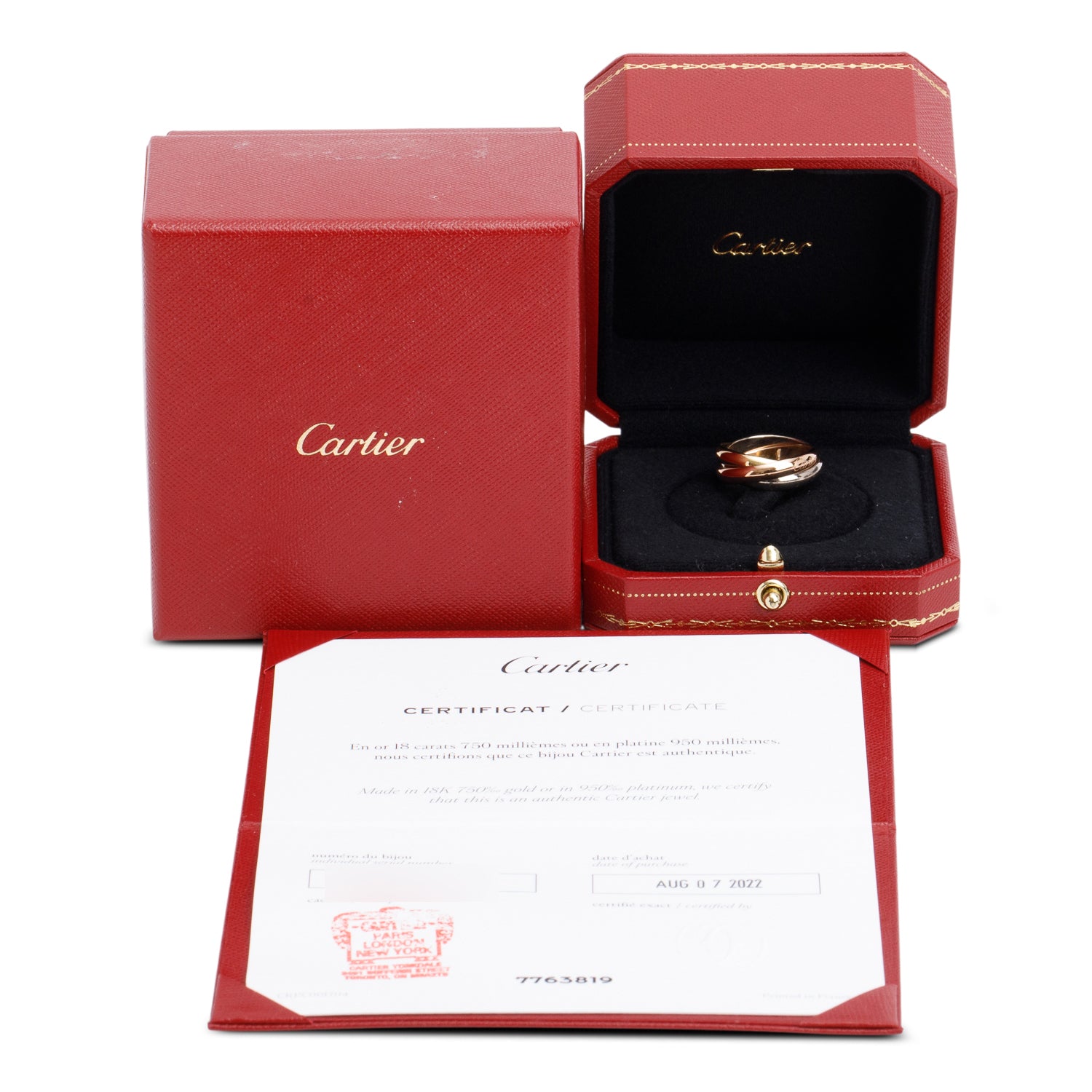 Cartier 2022 18k Tri-Gold Classic Trinity Rolling Ring, Size 54 7 w/ Box, Receipt & Certificate