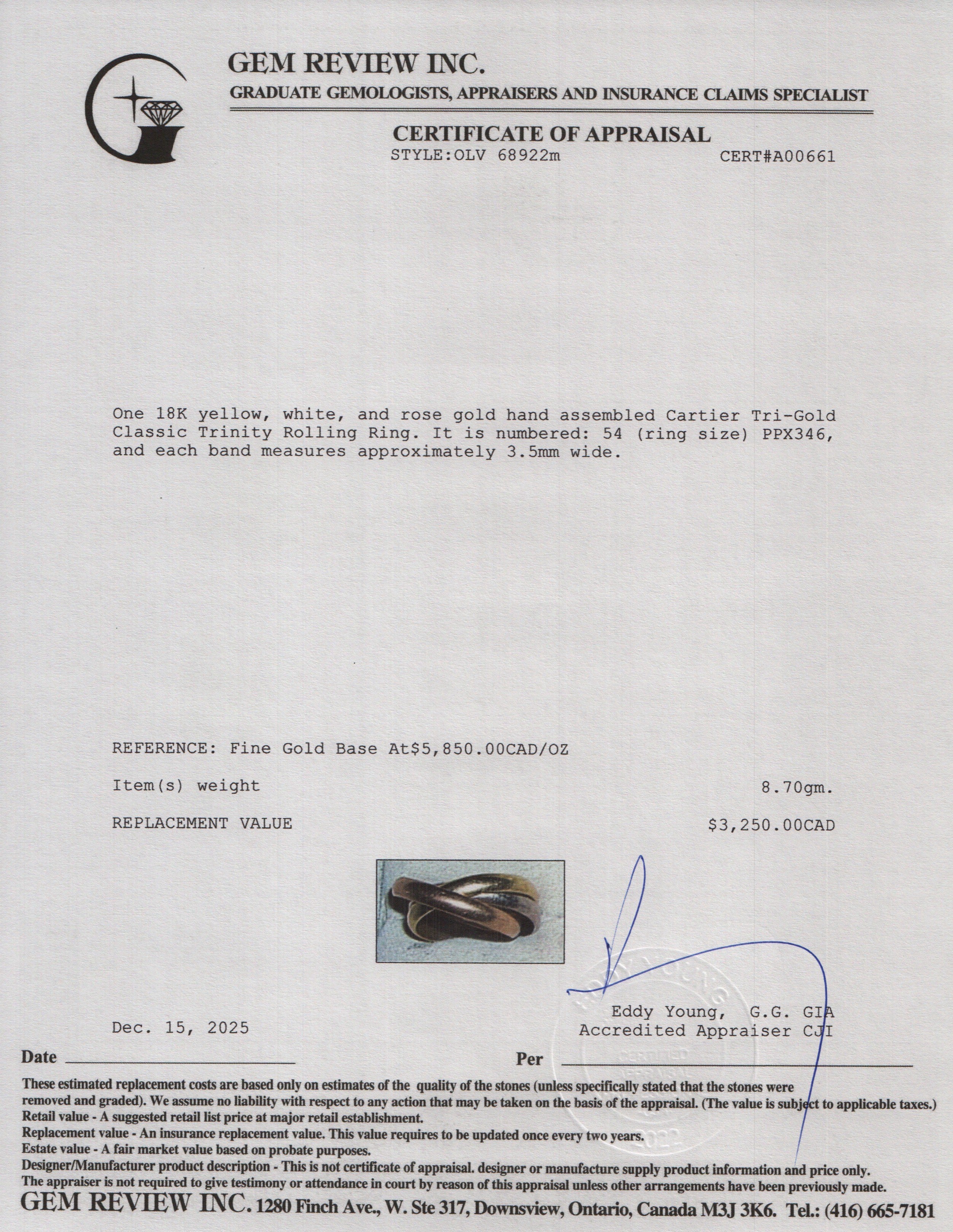 Cartier 2022 18k Tri-Gold Classic Trinity Rolling Ring, Size 54 7 w/ Box, Receipt & Certificate