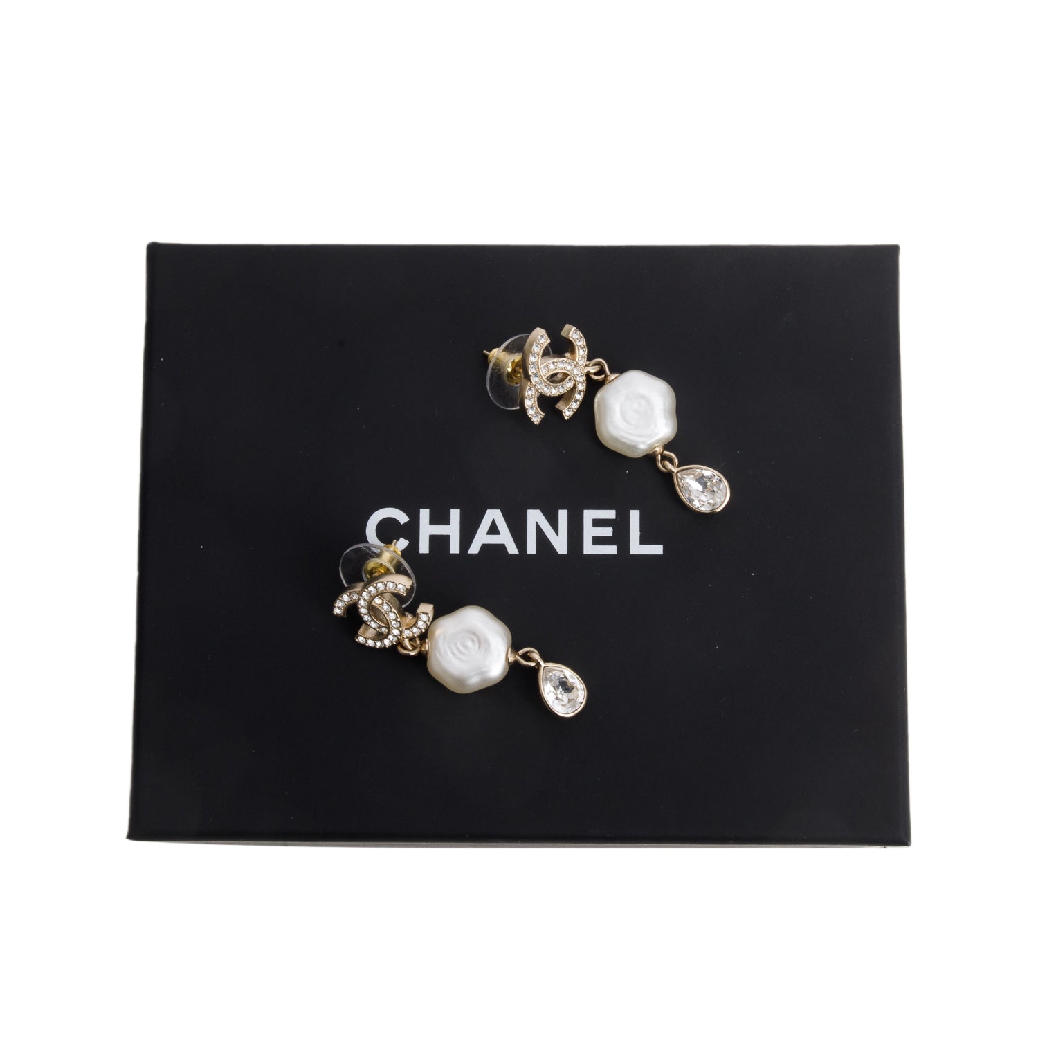Chanel 2025 Gold Plated Faux Pearl Flower & Strass CC Drop Earrings w/ Box