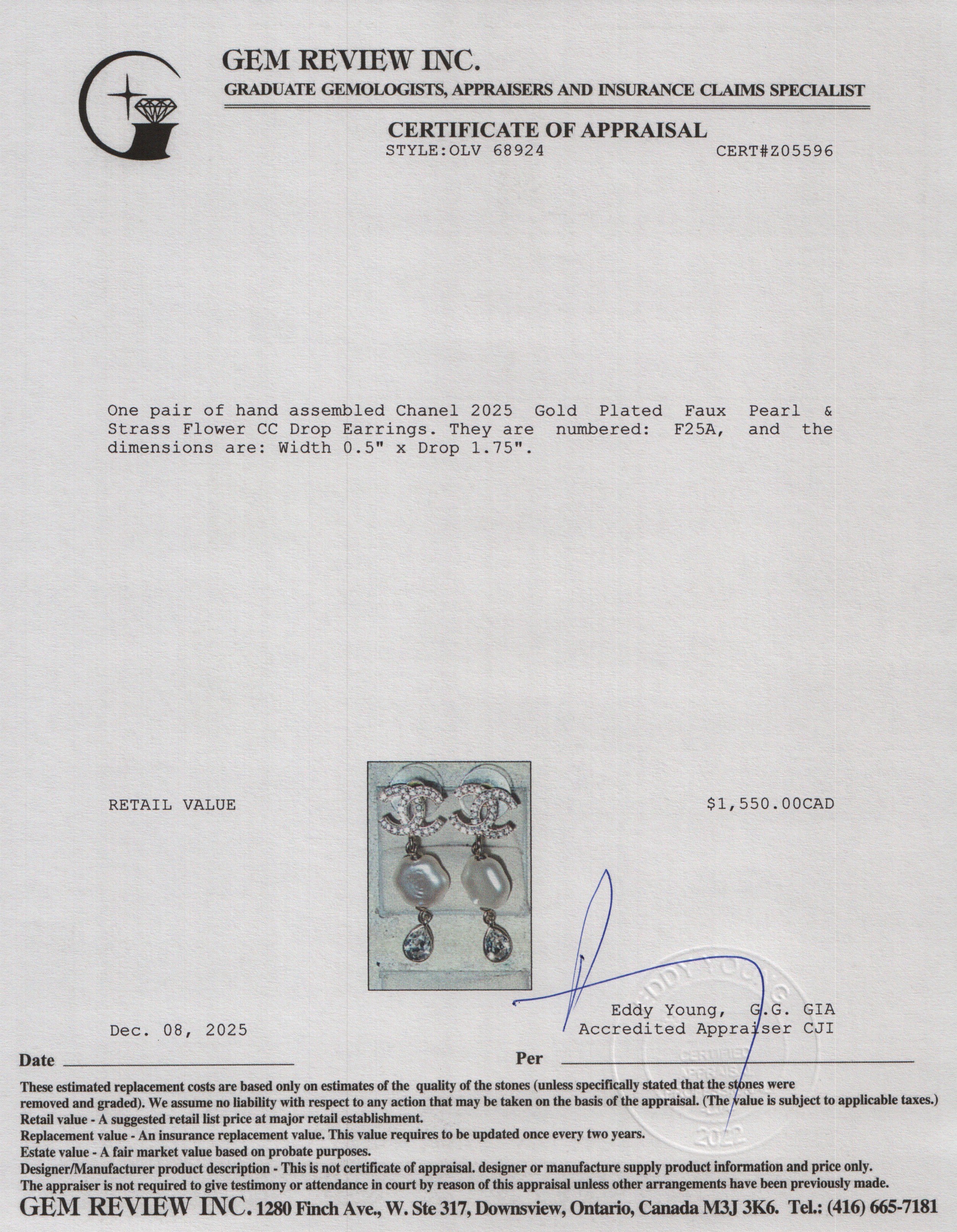 Chanel 2025 Gold Plated Faux Pearl Flower & Strass CC Drop Earrings w/ Box