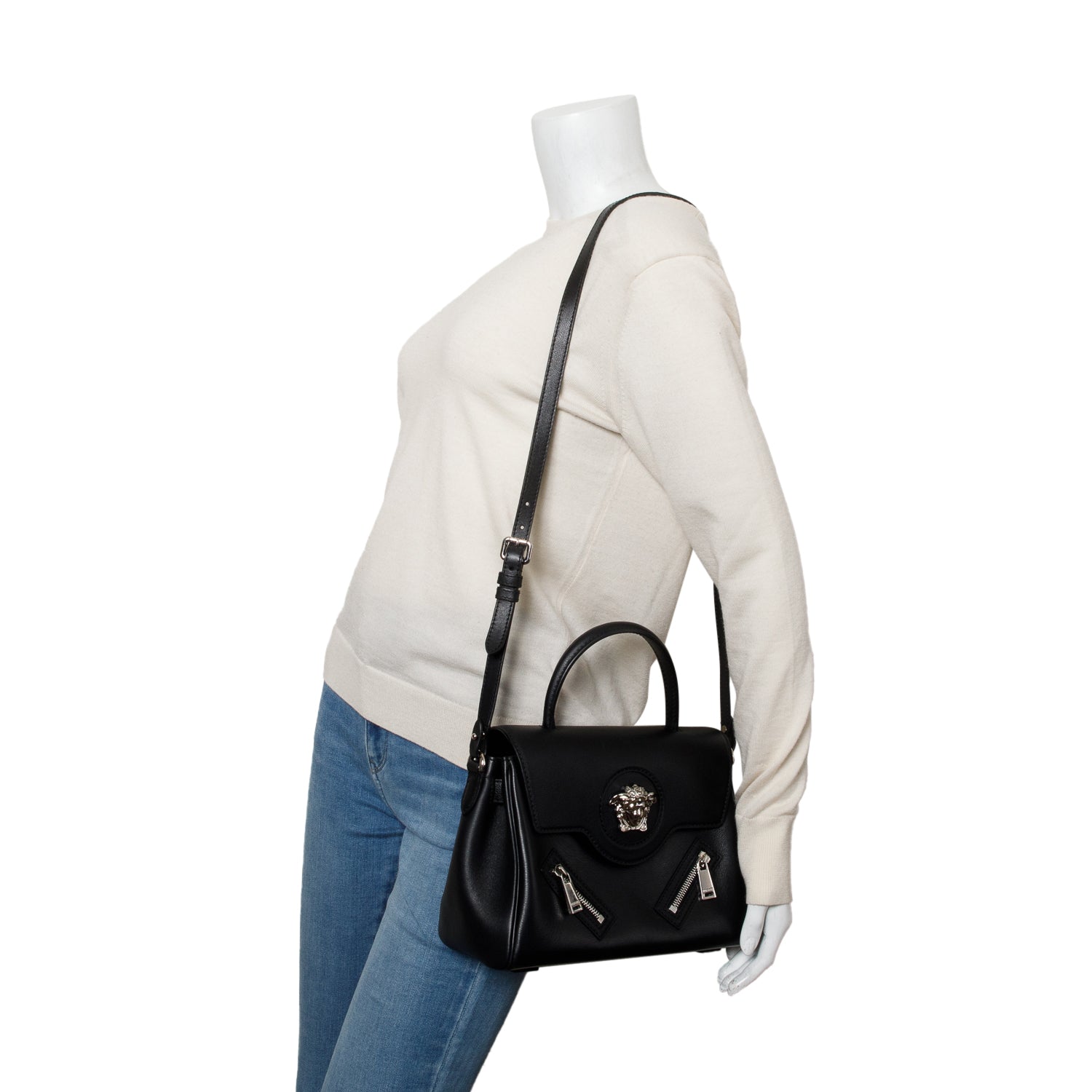 Versace Black Grained Calfskin Medium La Medusa Top Handle w/ Box & Straps