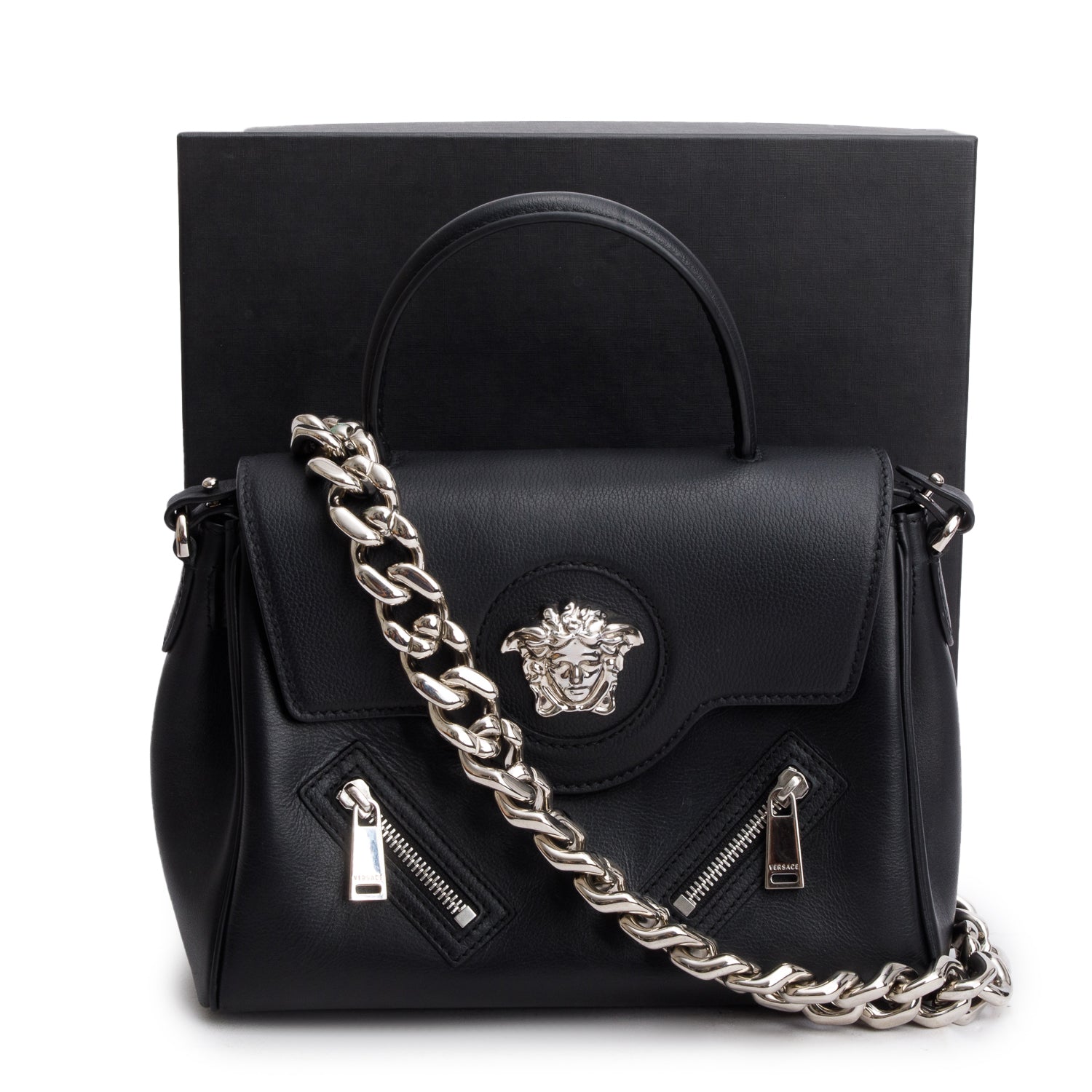 Versace Black Grained Calfskin Medium La Medusa Top Handle w/ Box & Straps