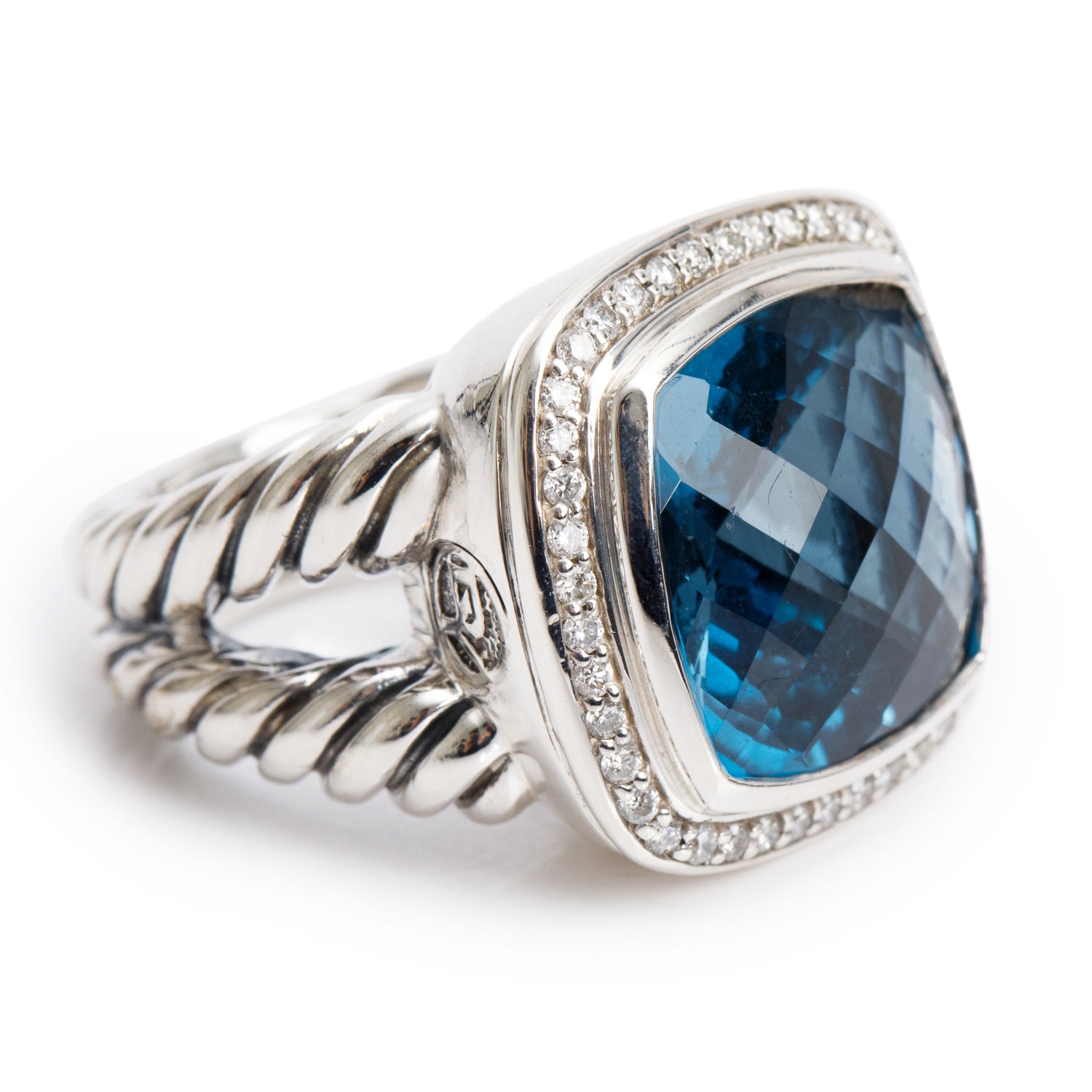 David Yurman Sterling Silver 15 MM Blue Topaz & Diamond Albion Ring, Size 6