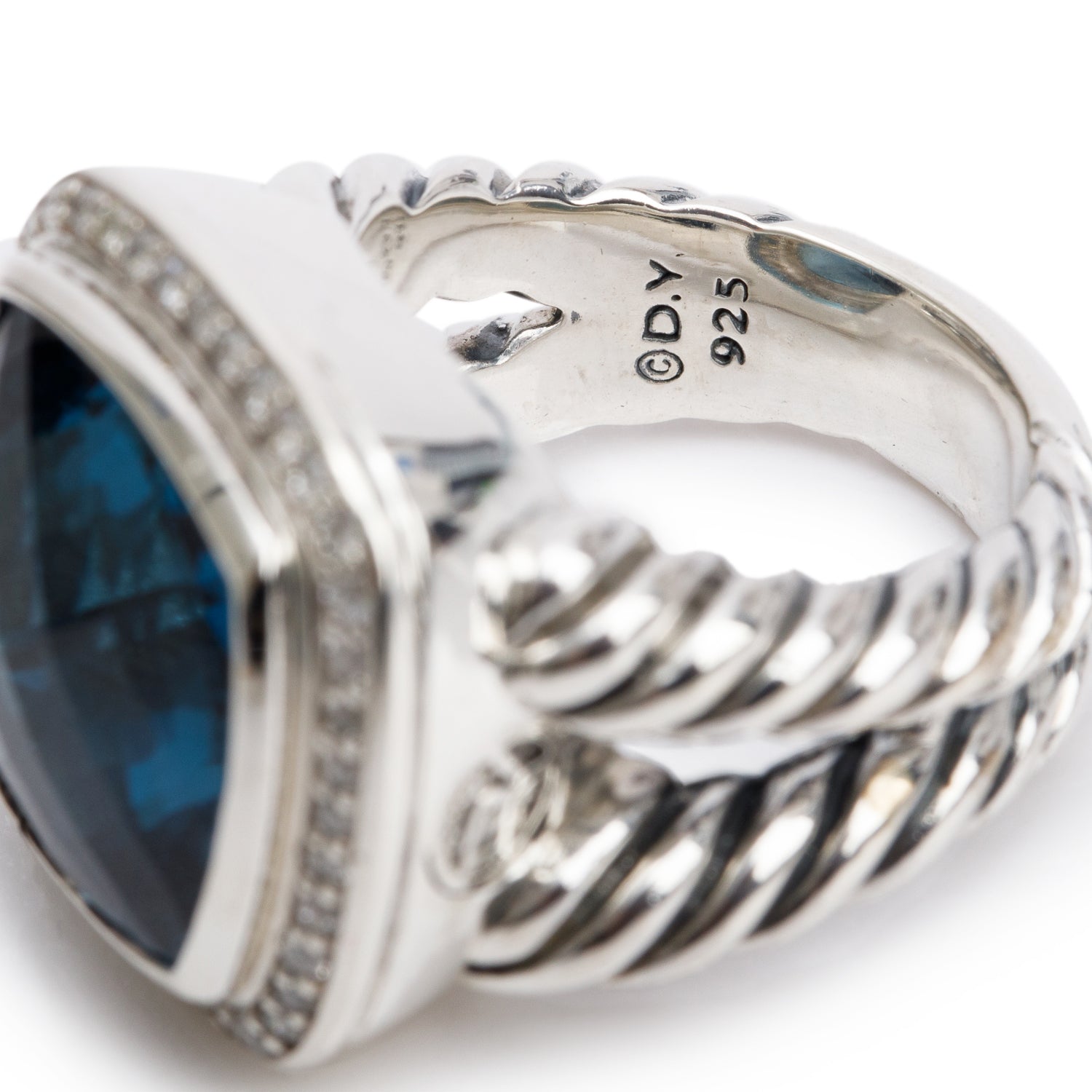 David Yurman Sterling Silver 15 MM Blue Topaz & Diamond Albion Ring, Size 6