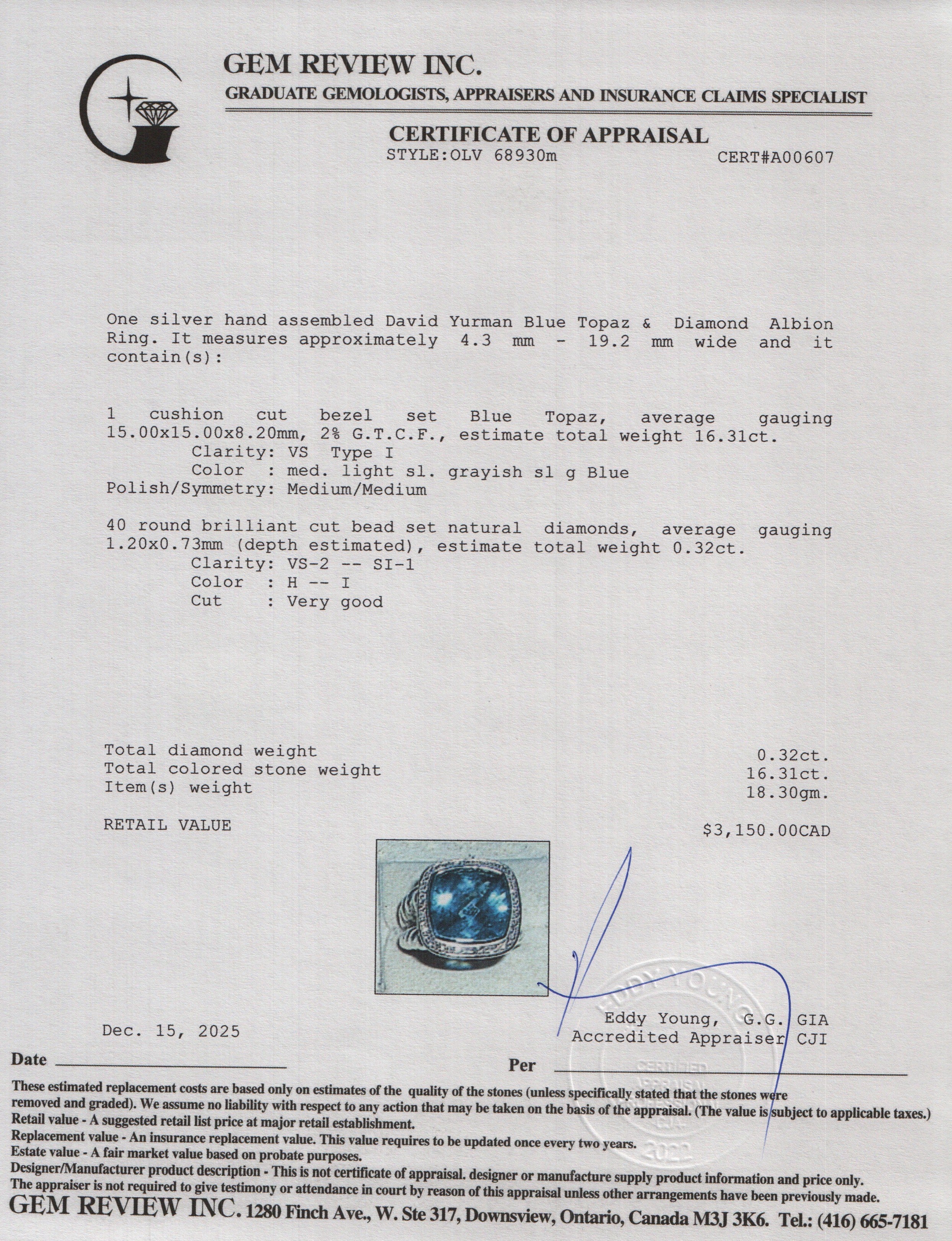 David Yurman Sterling Silver 15 MM Blue Topaz & Diamond Albion Ring, Size 6