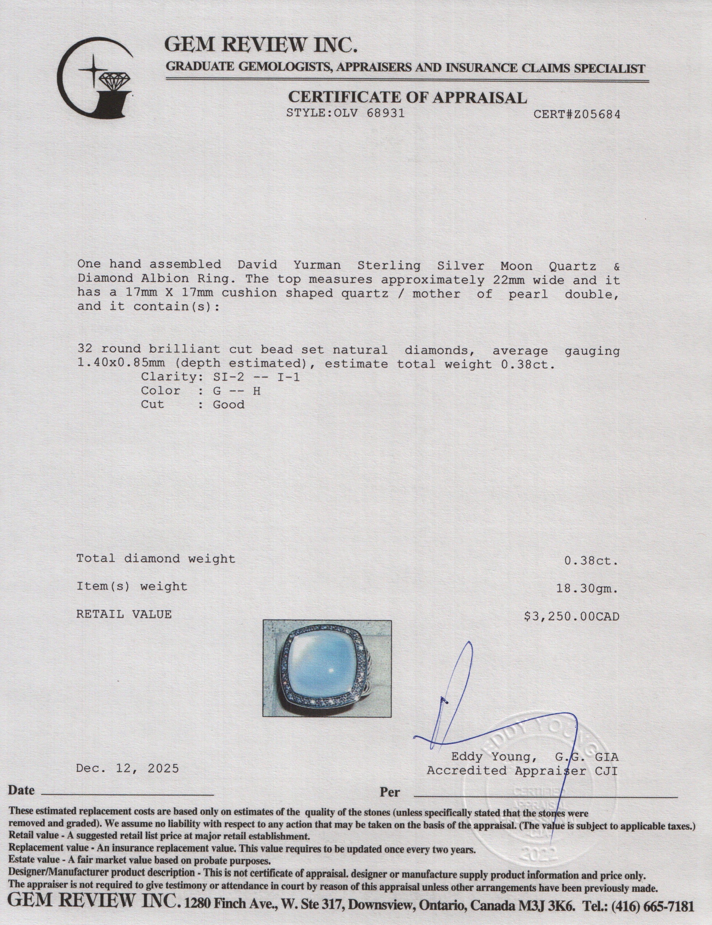 David Yurman Sterling Silver Moon Quartz & Diamond 17 MM Albion Ring, Size 7