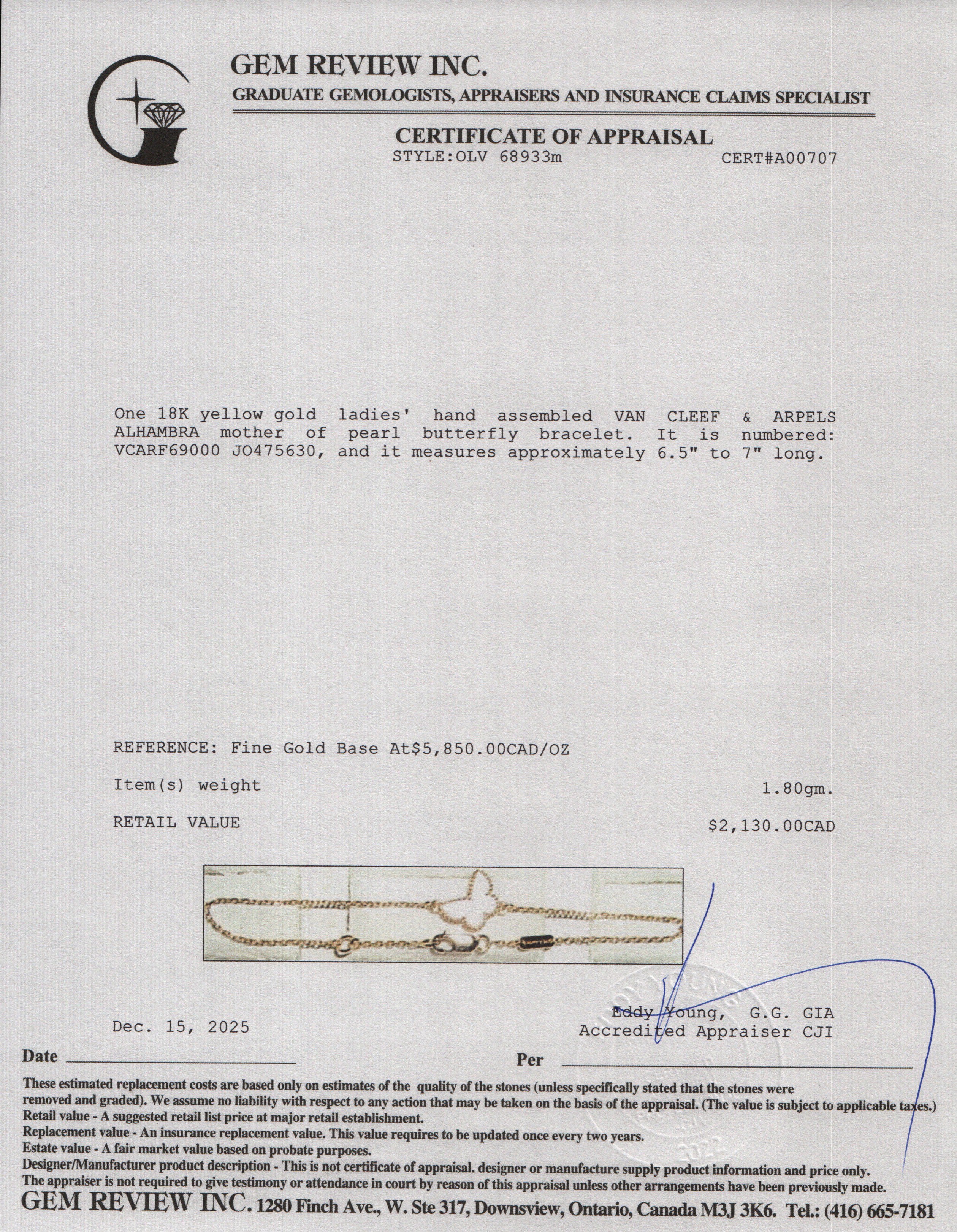 Van Cleef & Arpels 2025 18k Yellow Gold Mother of Pearl Sweet Butterflies Bracelet w/ Box & Certificate