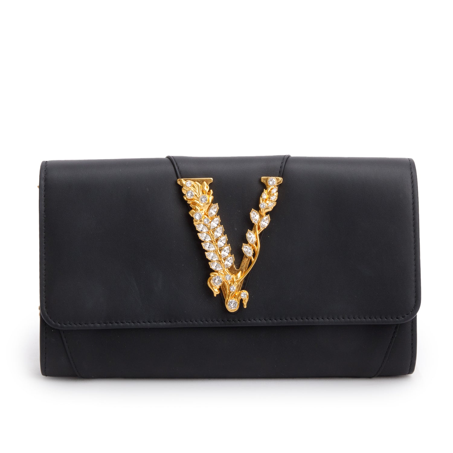 Versace Black Lambskin Virtus Crystal Embellished Wallet on Chain