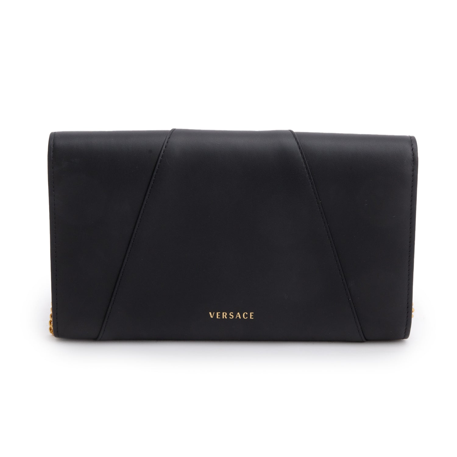 Versace Black Lambskin Virtus Crystal Embellished Wallet on Chain