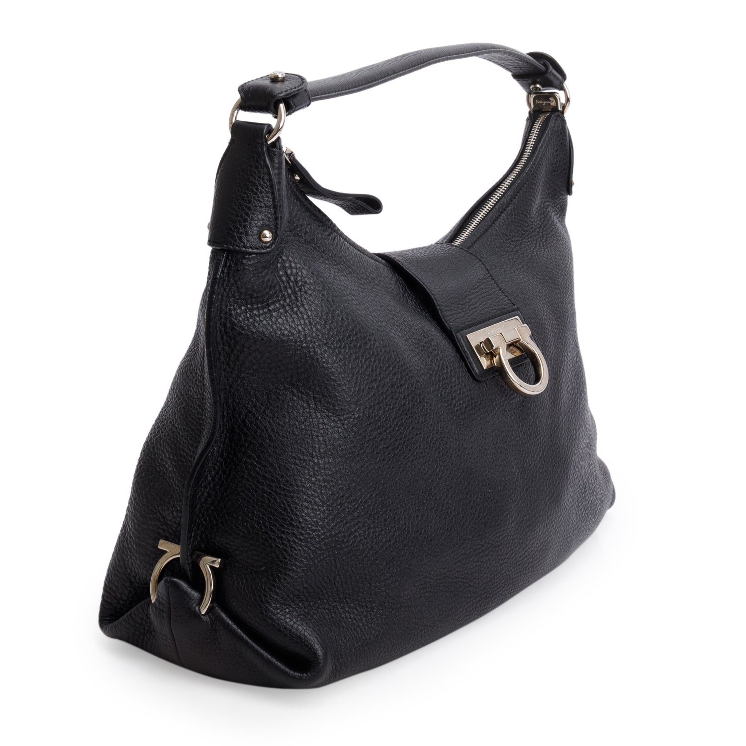 Ferragamo Black Pebbled Leather New Fanisa Large Hobo Bag