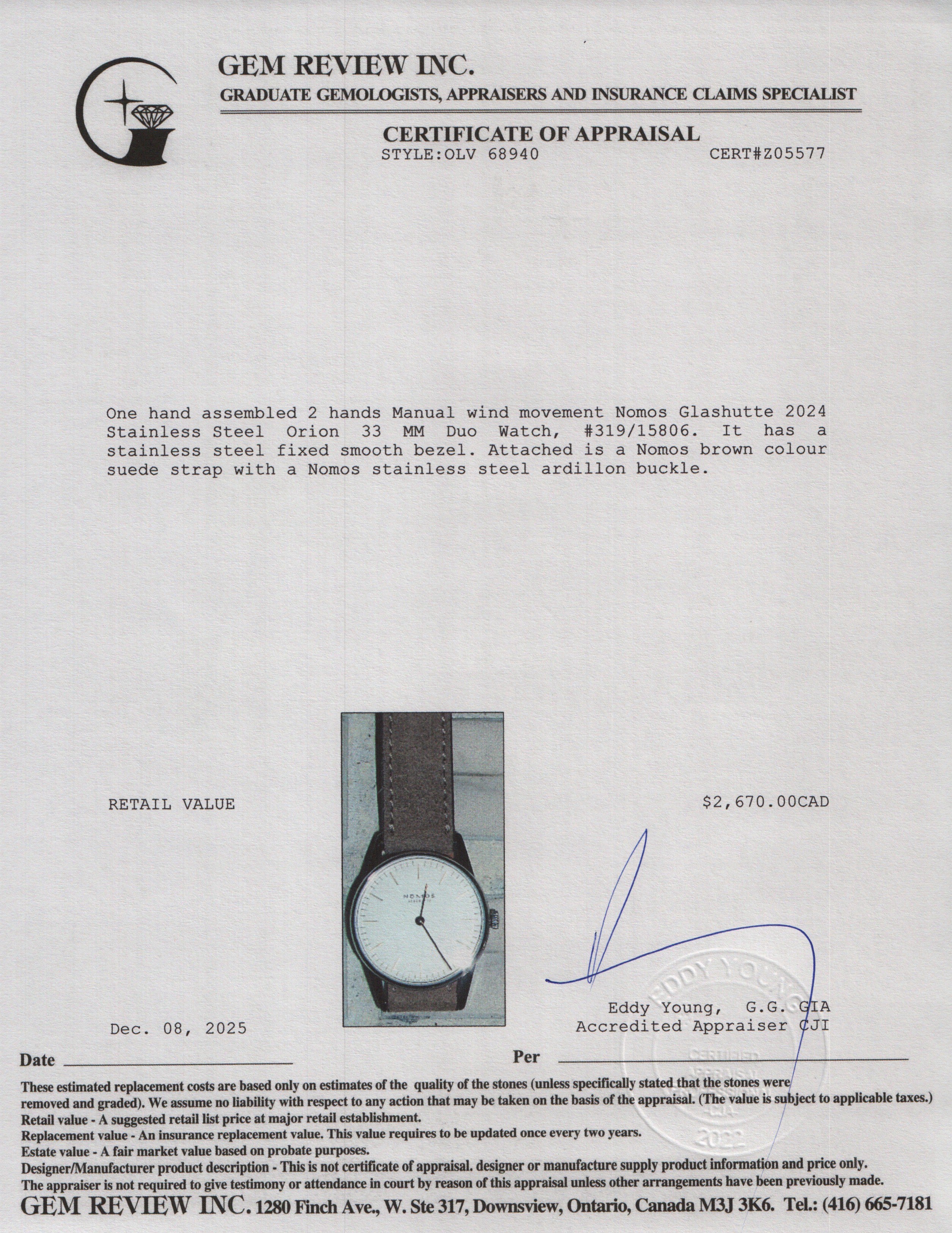 Nomos Glashutte 2024 Stainless Steel Orion 33 MM Duo Watch w/ Box & Papers