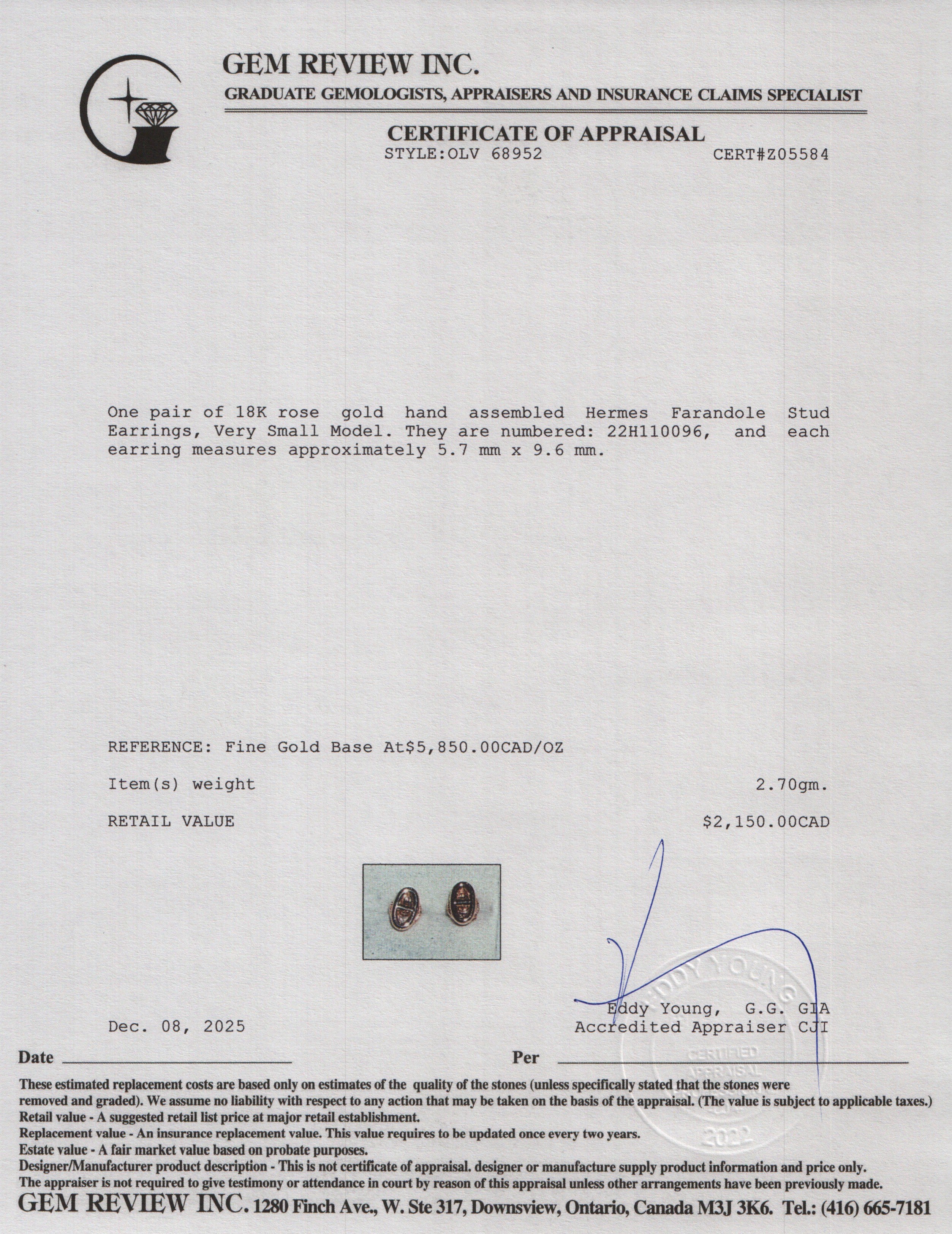 Hermes 18k Rose Gold Farandole Stud Earrings, Very Small Model w/ Box