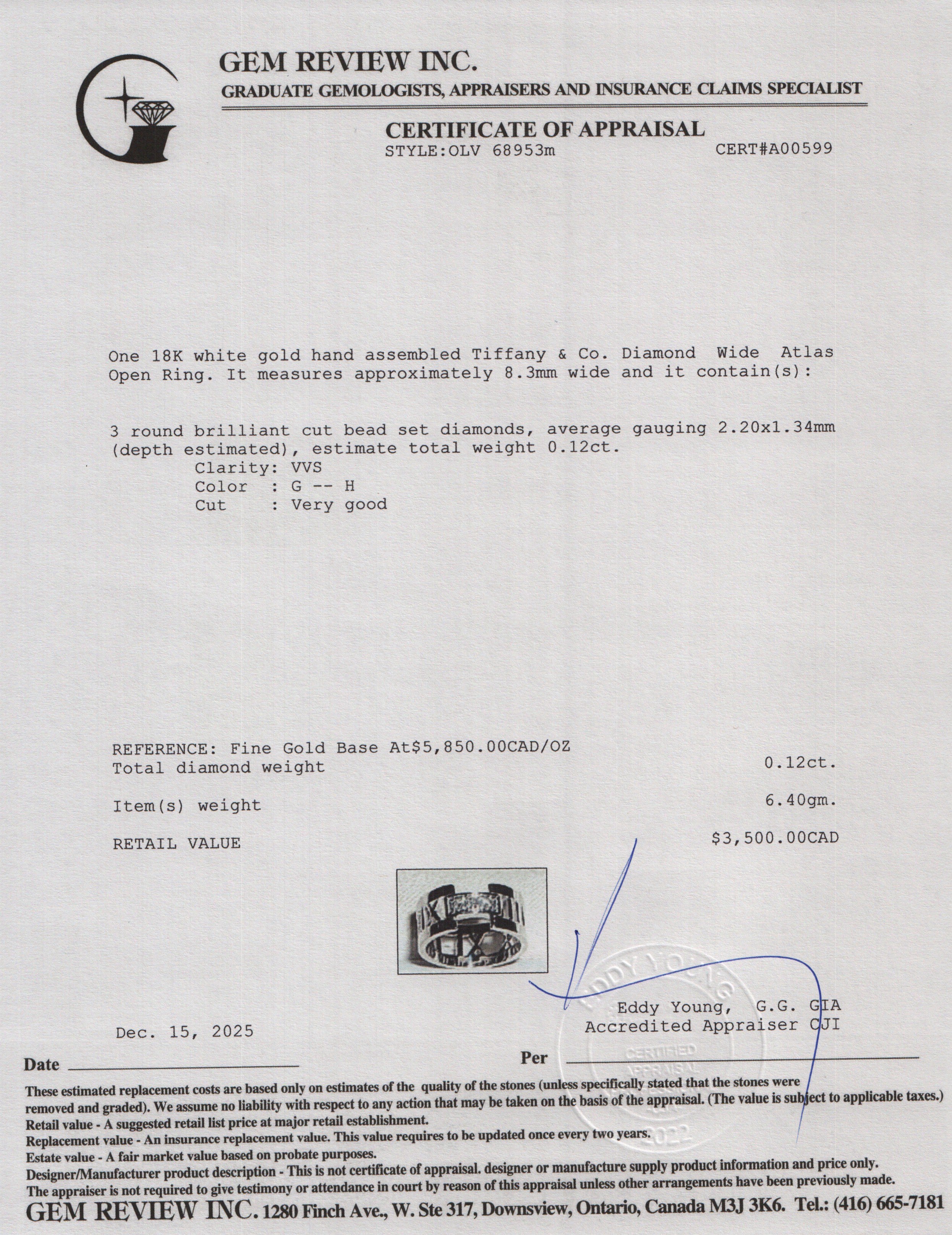 Tiffany & Co. 18k White Gold Diamond Wide Atlas Open Ring, Size 7.25