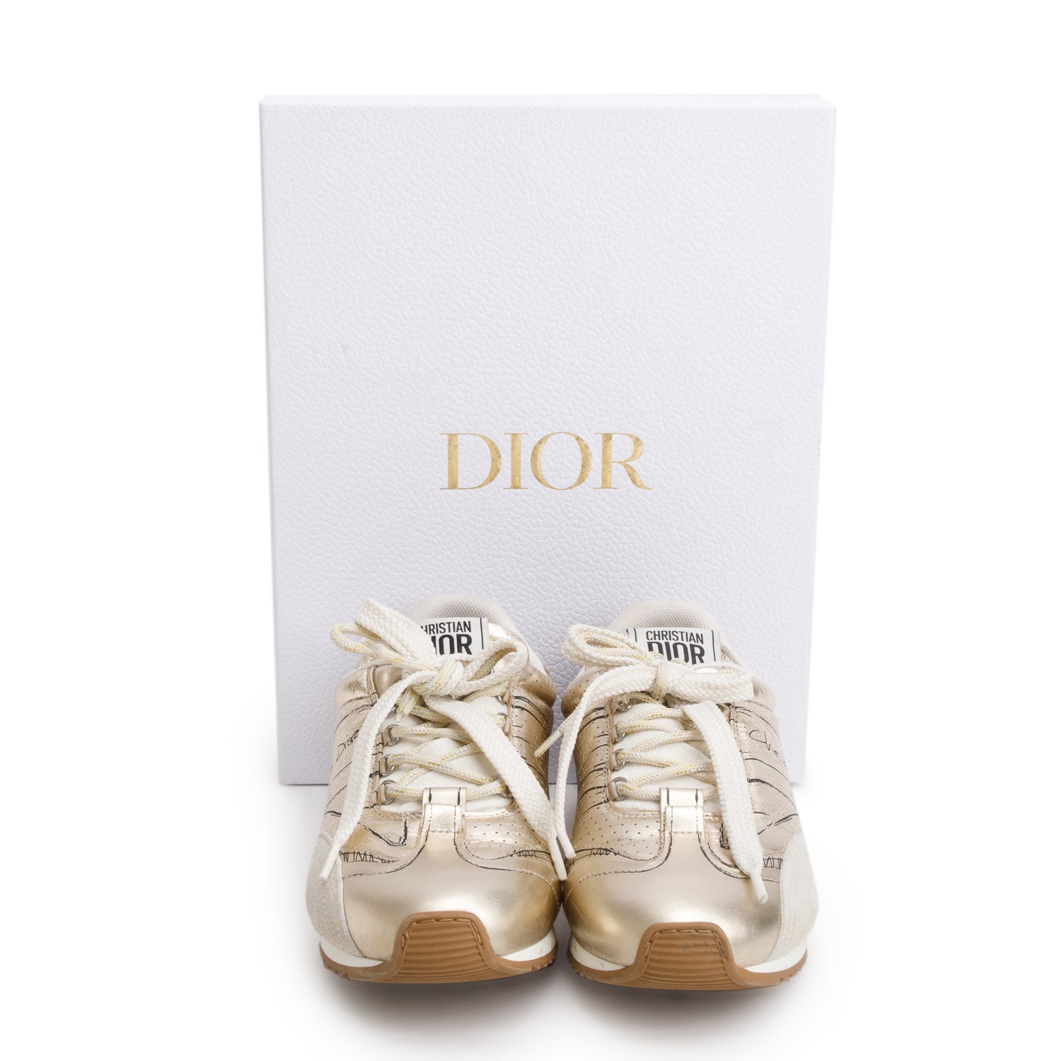 Christian Dior Metallic Gold Leather Beige Suede D-Sketch Sneakers, Size 38 w/ Box
