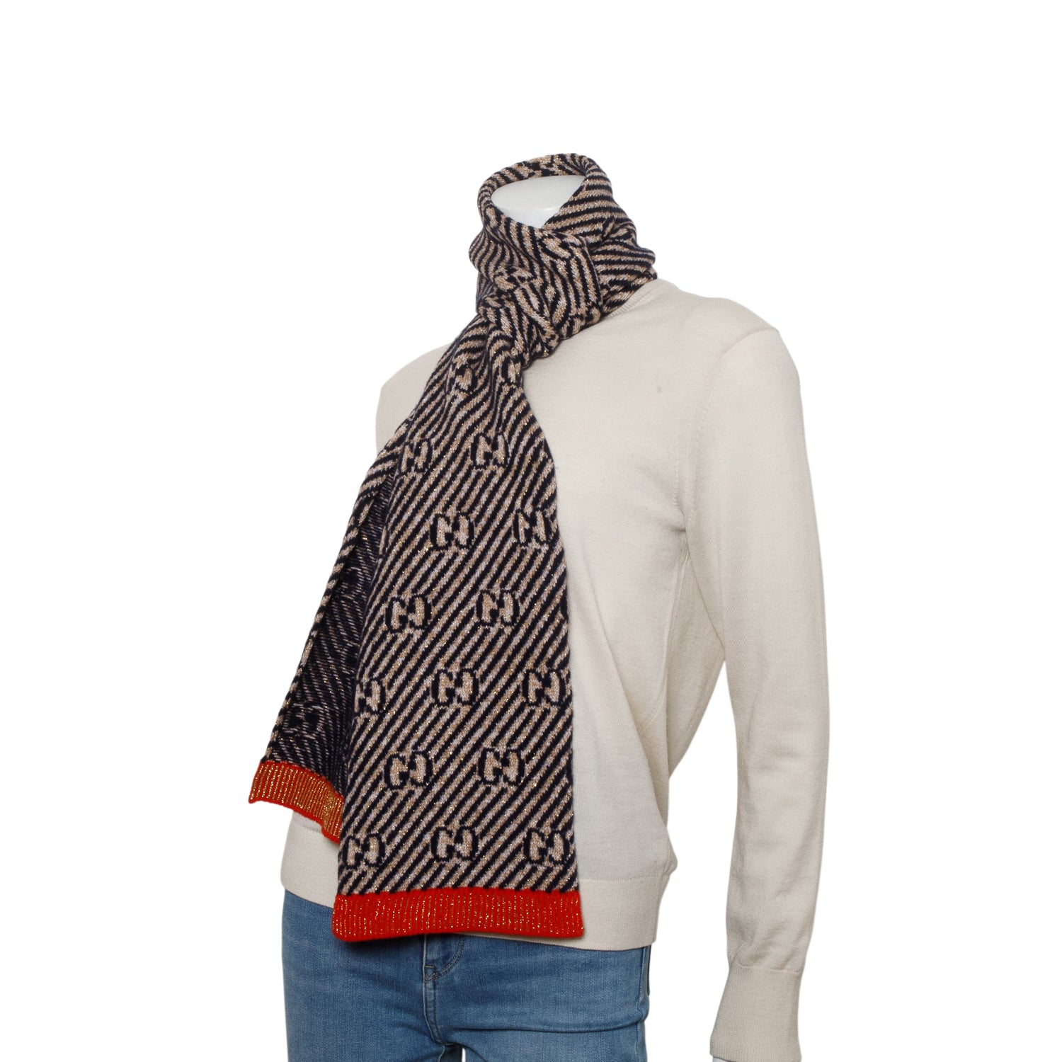 Gucci Navy Gold Wool Monogram GG Scarf w/ Box