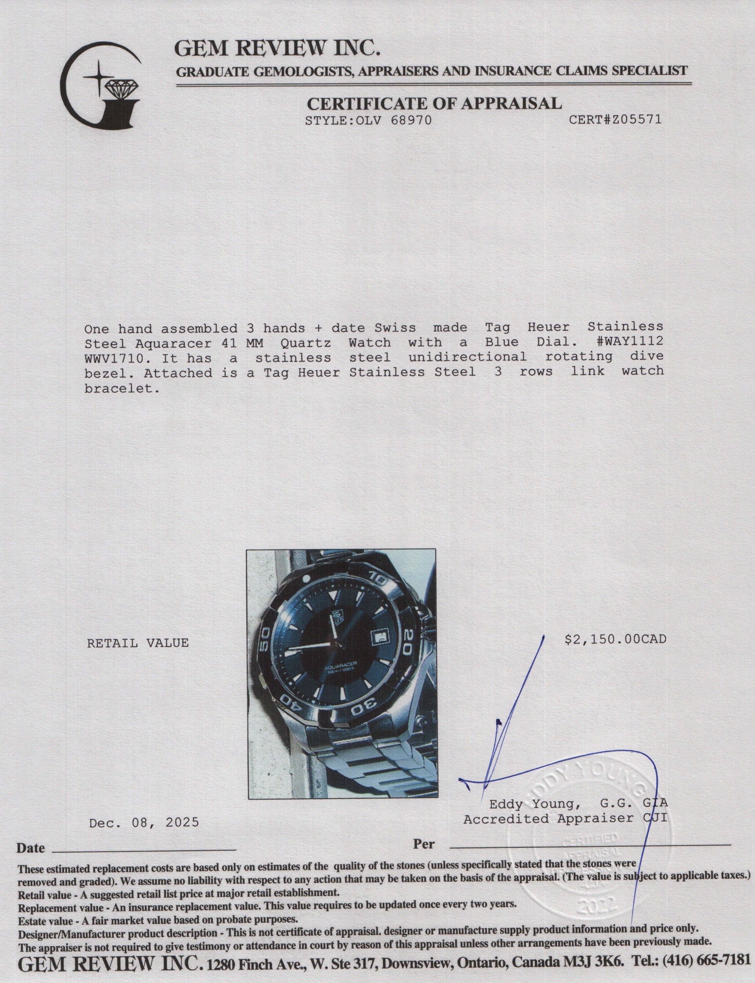 Tag Heuer Stainless Steel Aquaracer 41 MM Quartz Watch Blue Dial WAY1112