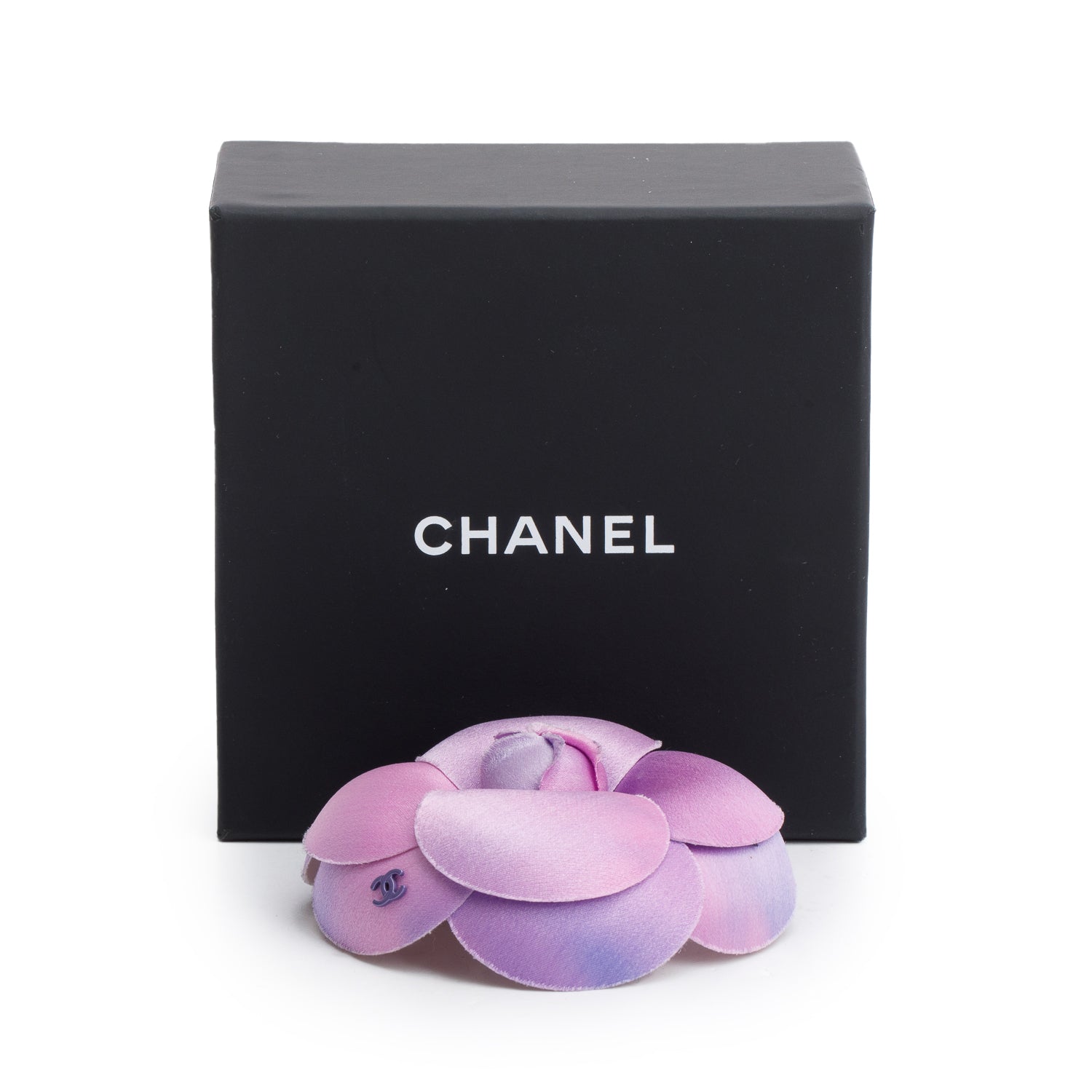 Chanel 2024 Palladium Plated Purple Satin Camellia Flower Brooch w/ Box
