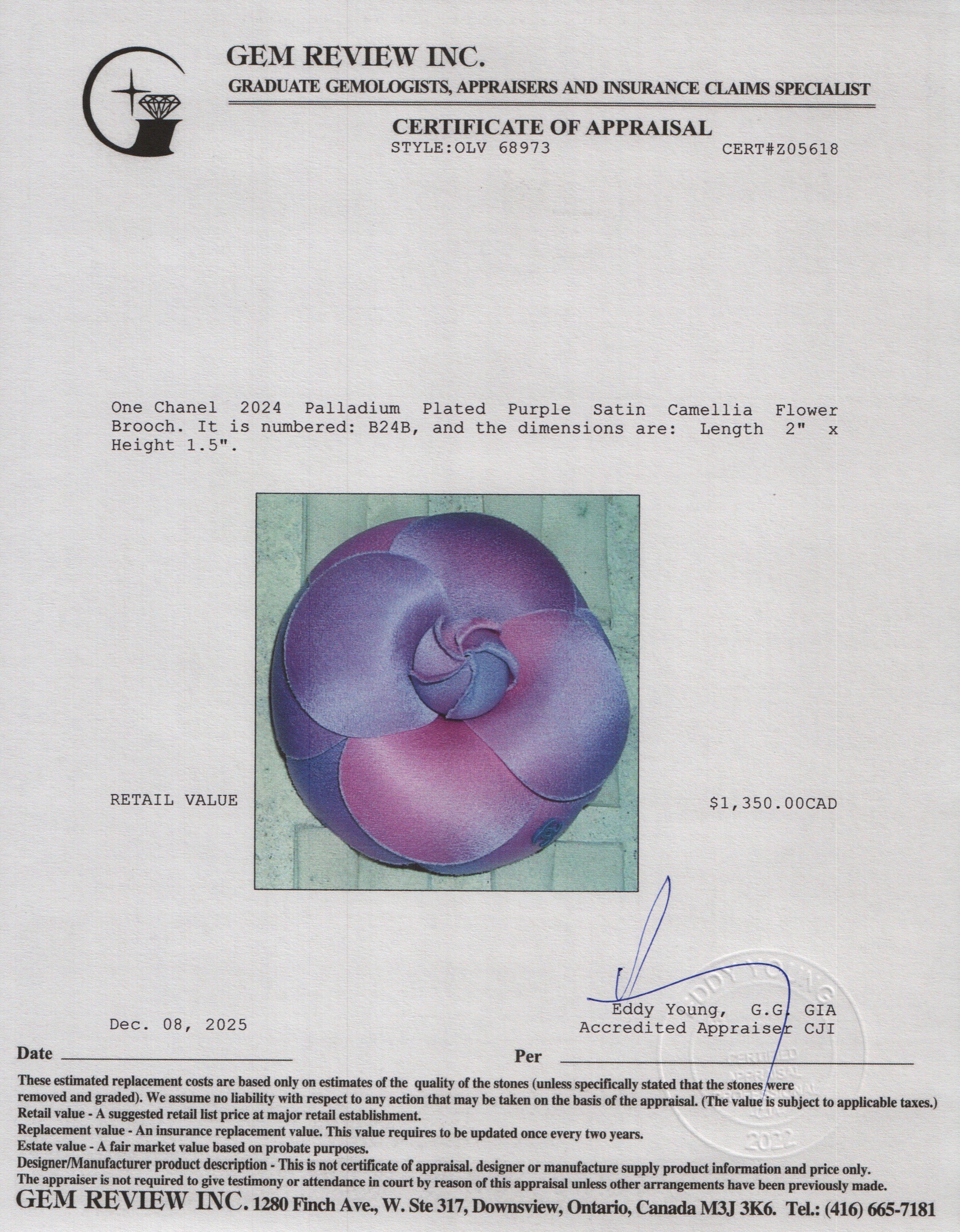 Chanel 2024 Palladium Plated Purple Satin Camellia Flower Brooch w/ Box