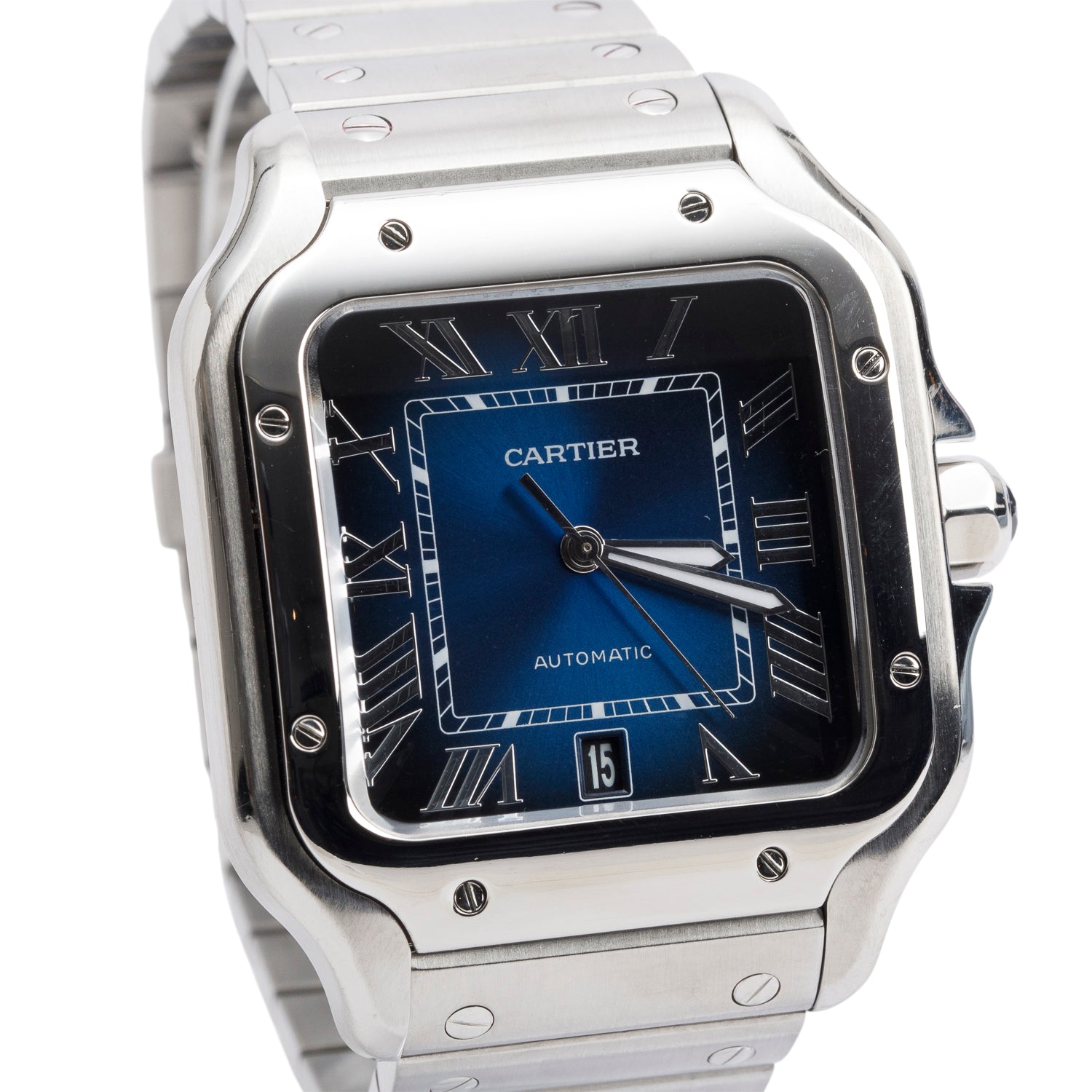 Cartier Stainless Steel Santos de Cartier Automatic Watch, Large Model Blue Dial 4072 w/ Box & Papers