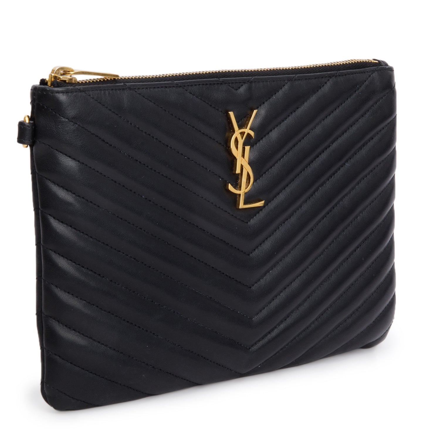 Saint Laurent 2021 Black Calfskin Matelasse Monogram Casssandre Zip Pouch