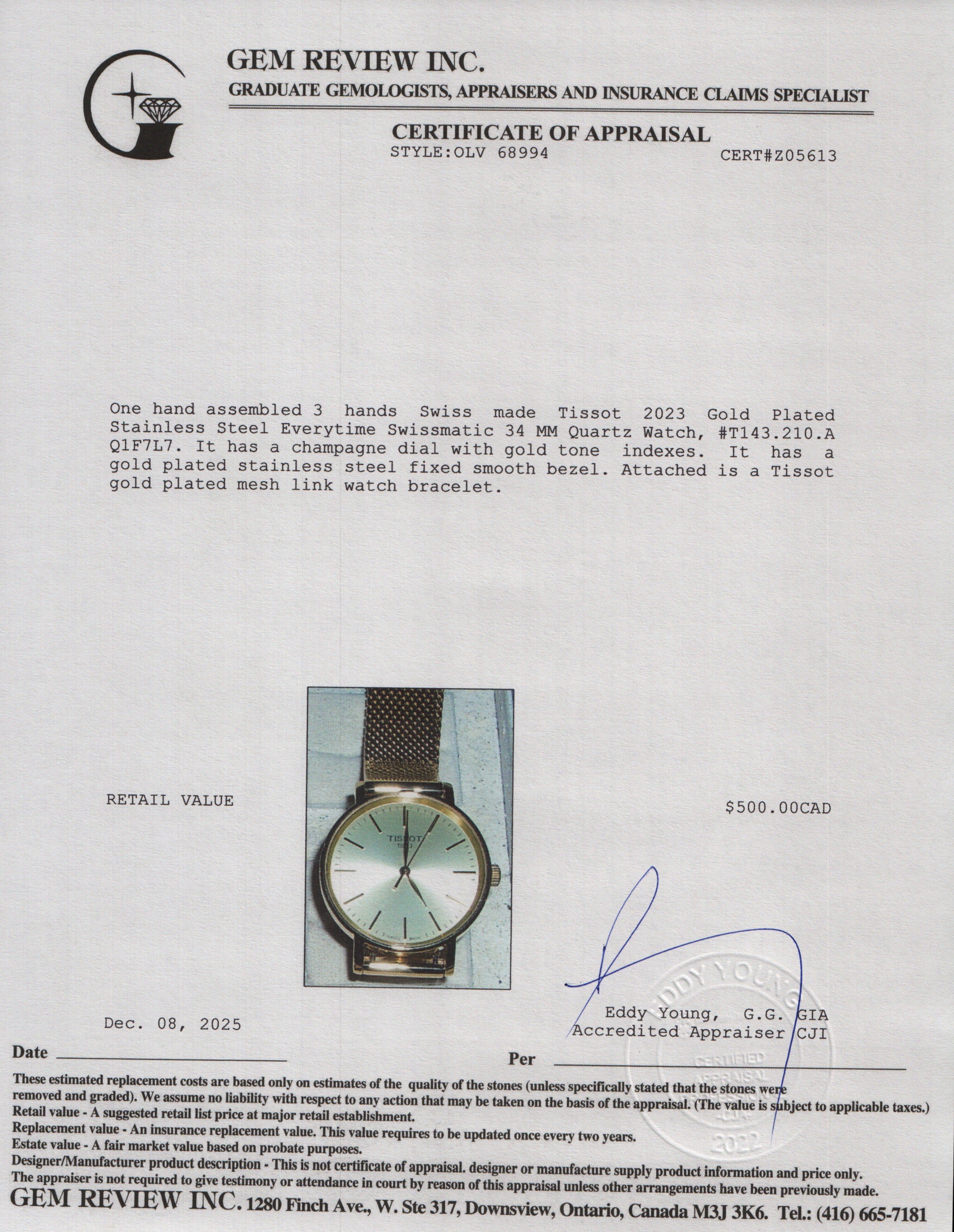 Tissot 2023 Gold Plated Stainless Steel Everytime Swissmatic 34 MM Quartz Watch w/ Box & Papers