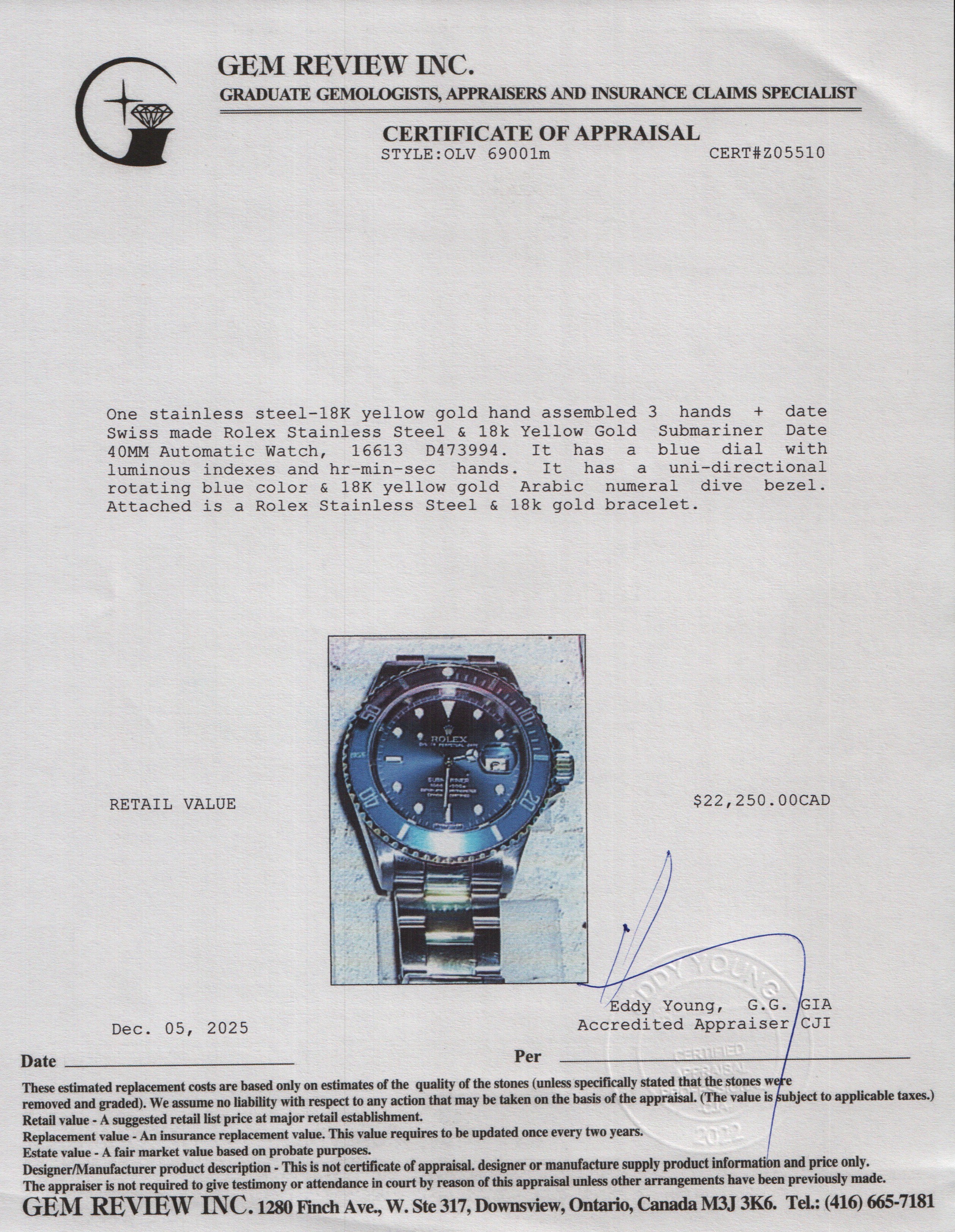 Rolex Stainless Steel & 18k Yellow Gold Submariner Date 40 MM Automatic Watch Blue Dial 16613 w/ Box & Papers