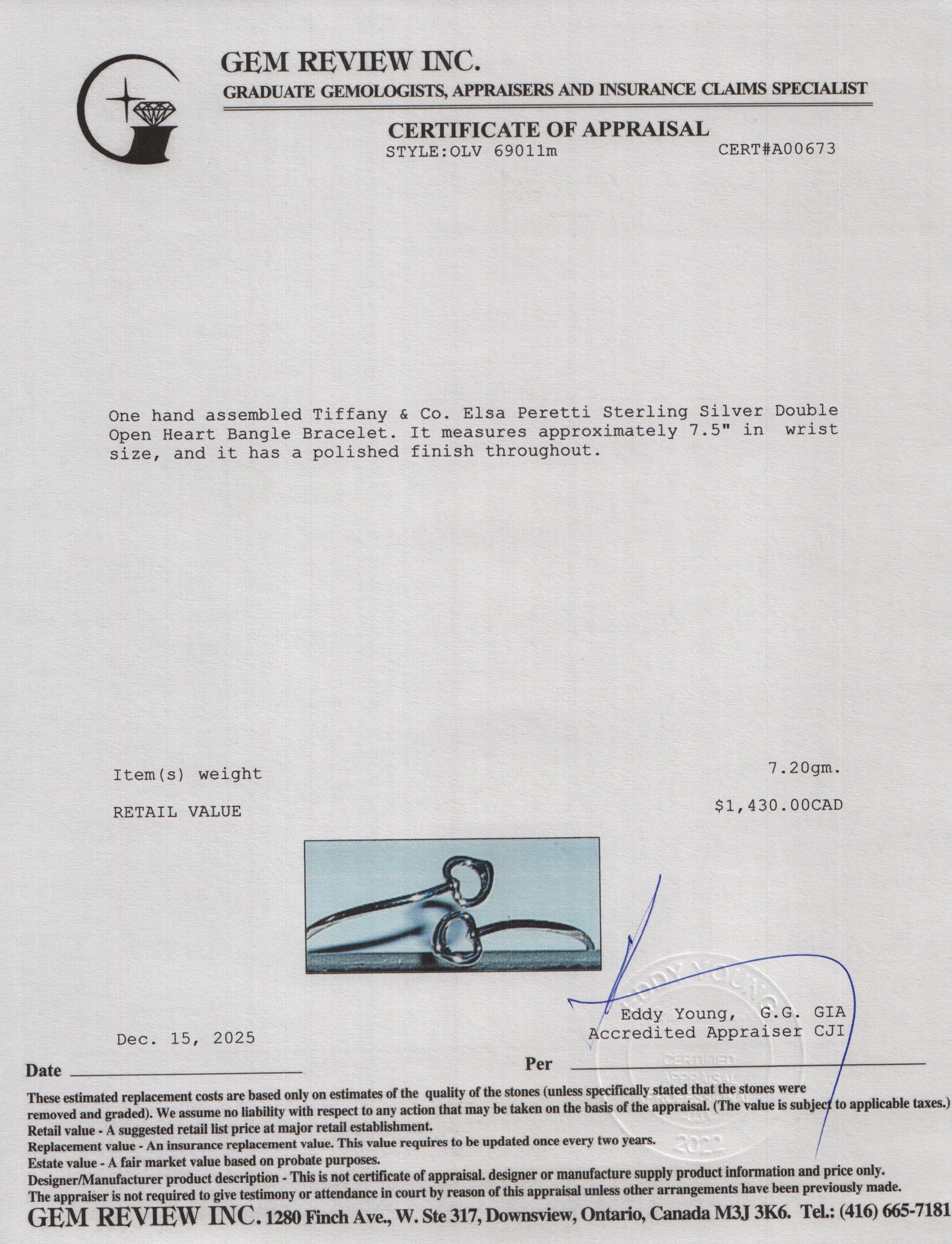 Tiffany & Co. Elsa Peretti Sterling Silver Double Open Heart Bangle Bracelet