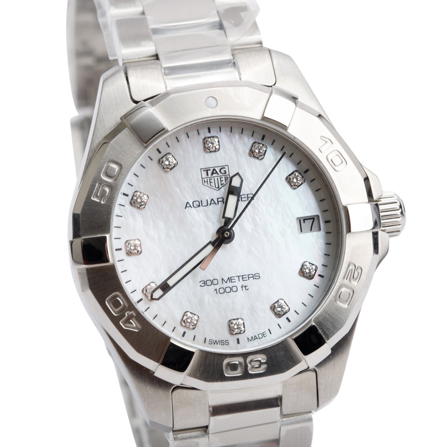 Tag Heuer Stainless Steel Aquaracer 34 MM Quartz Watch Mother of Pearl Diamond Dial WBD1314 w/ Box & Papers