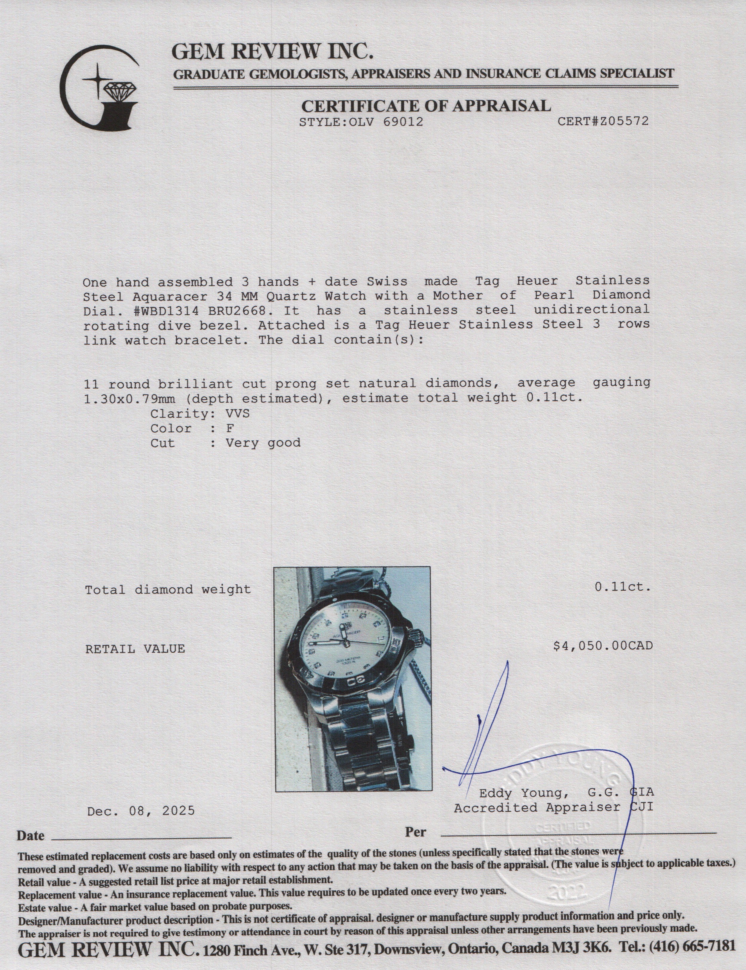 Tag Heuer Stainless Steel Aquaracer 34 MM Quartz Watch Mother of Pearl Diamond Dial WBD1314 w/ Box & Papers