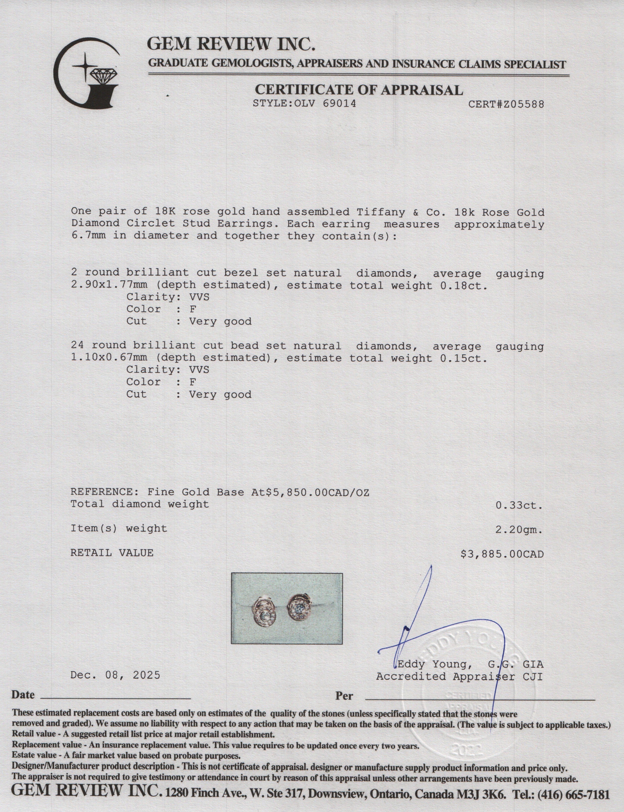 Tiffany & Co. 18k Rose Gold Diamond Circlet Stud Earrings w/ Box