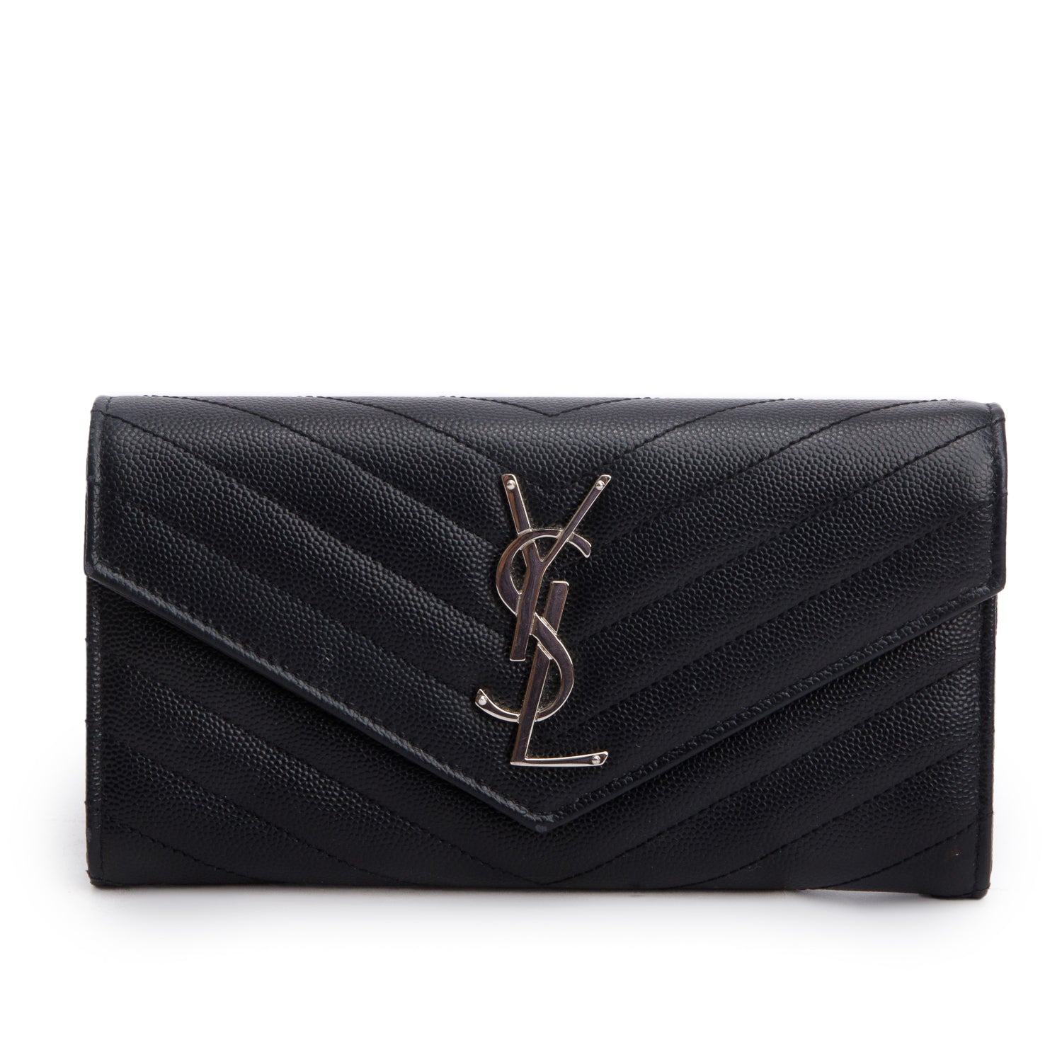 Saint Laurent Black Grain de Poudre Matelasse Chevron Monogram Flap Wallet