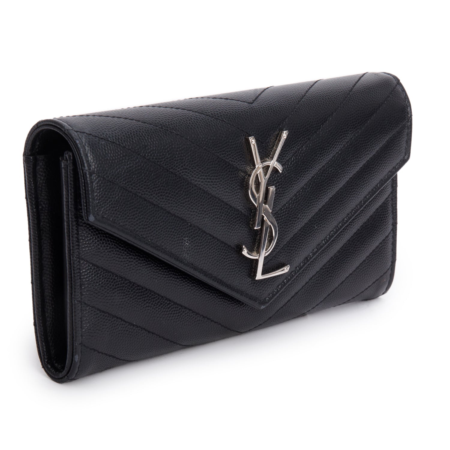 Saint Laurent Black Grain de Poudre Matelasse Chevron Monogram Flap Wallet