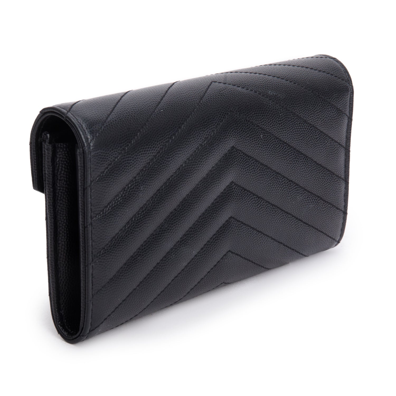 Saint Laurent Black Grain de Poudre Matelasse Chevron Monogram Flap Wallet