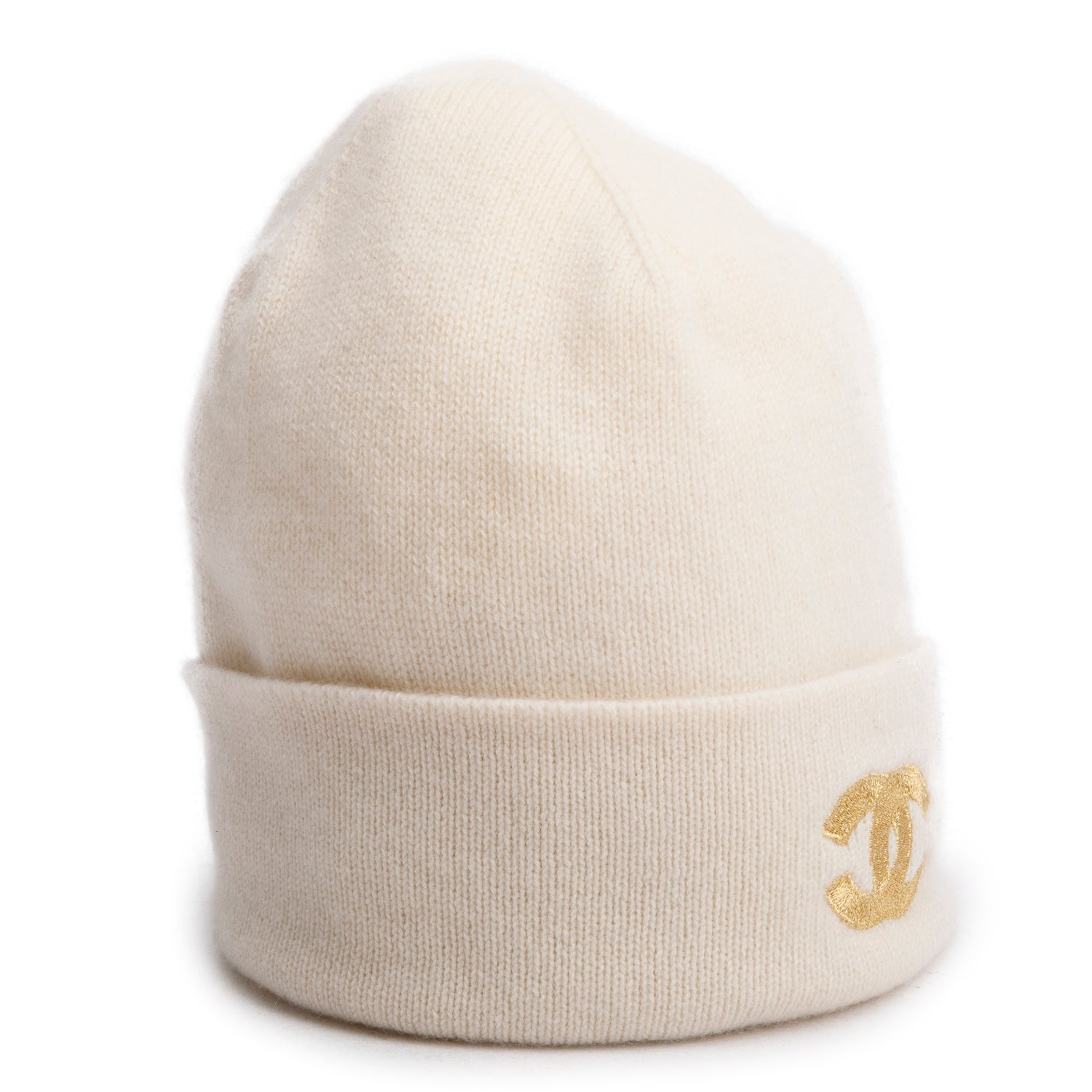 Chanel Cream Cashmere Gold CC Logo Beanie