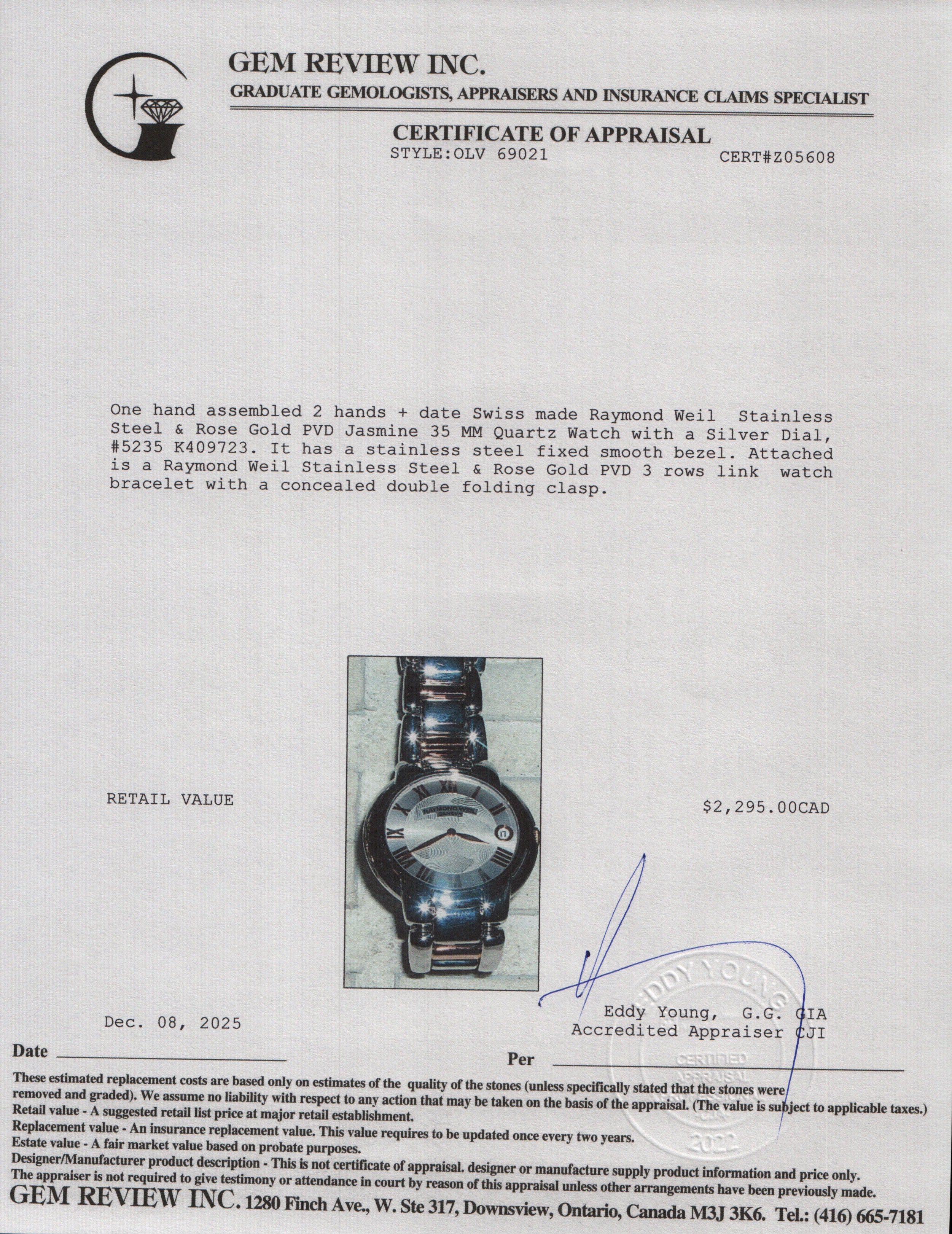 Raymond Weil Stainless Steel & Rose Gold PVD Jasmine 35 MM Quartz Watch Silver Dial 5235 w/ Box