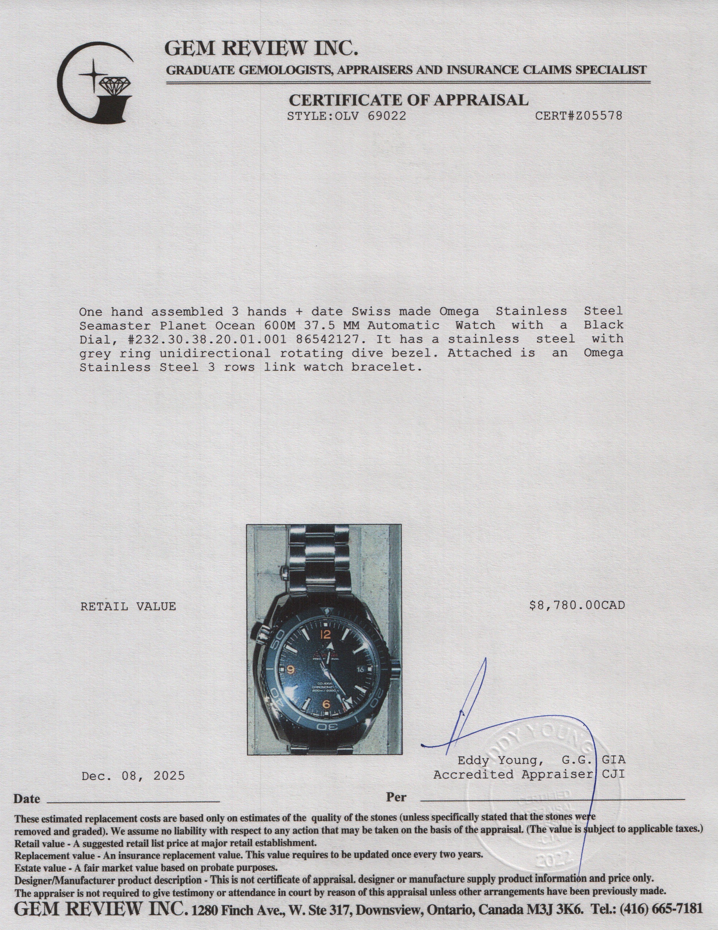 Omega Stainless Steel Seamaster Planet Ocean 600M 37.5 MM Automatic Watch Black Dial w/ Box & Extra Strap